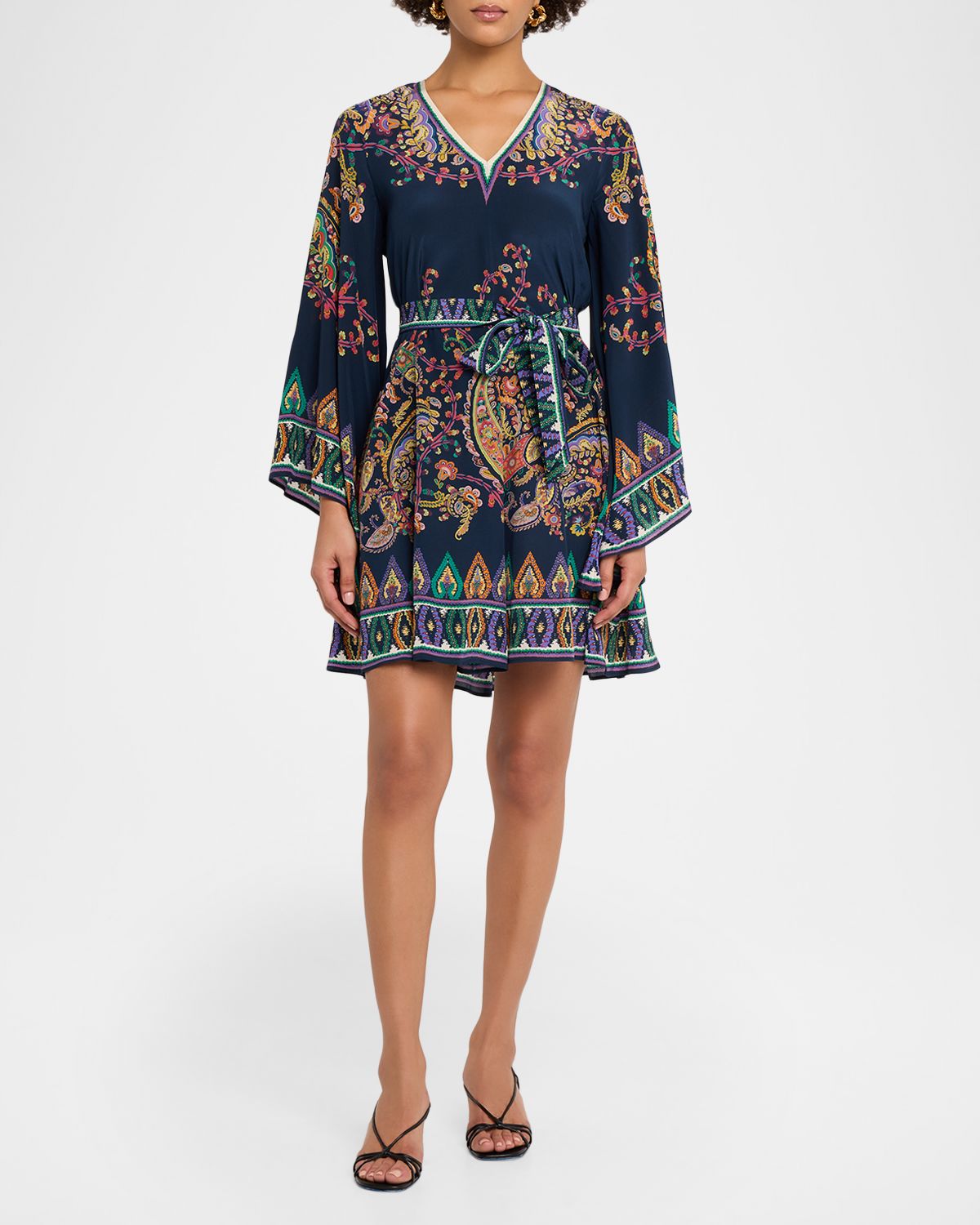 Etro Paisley Silk Belted Bell-Sleeve Mini Dress