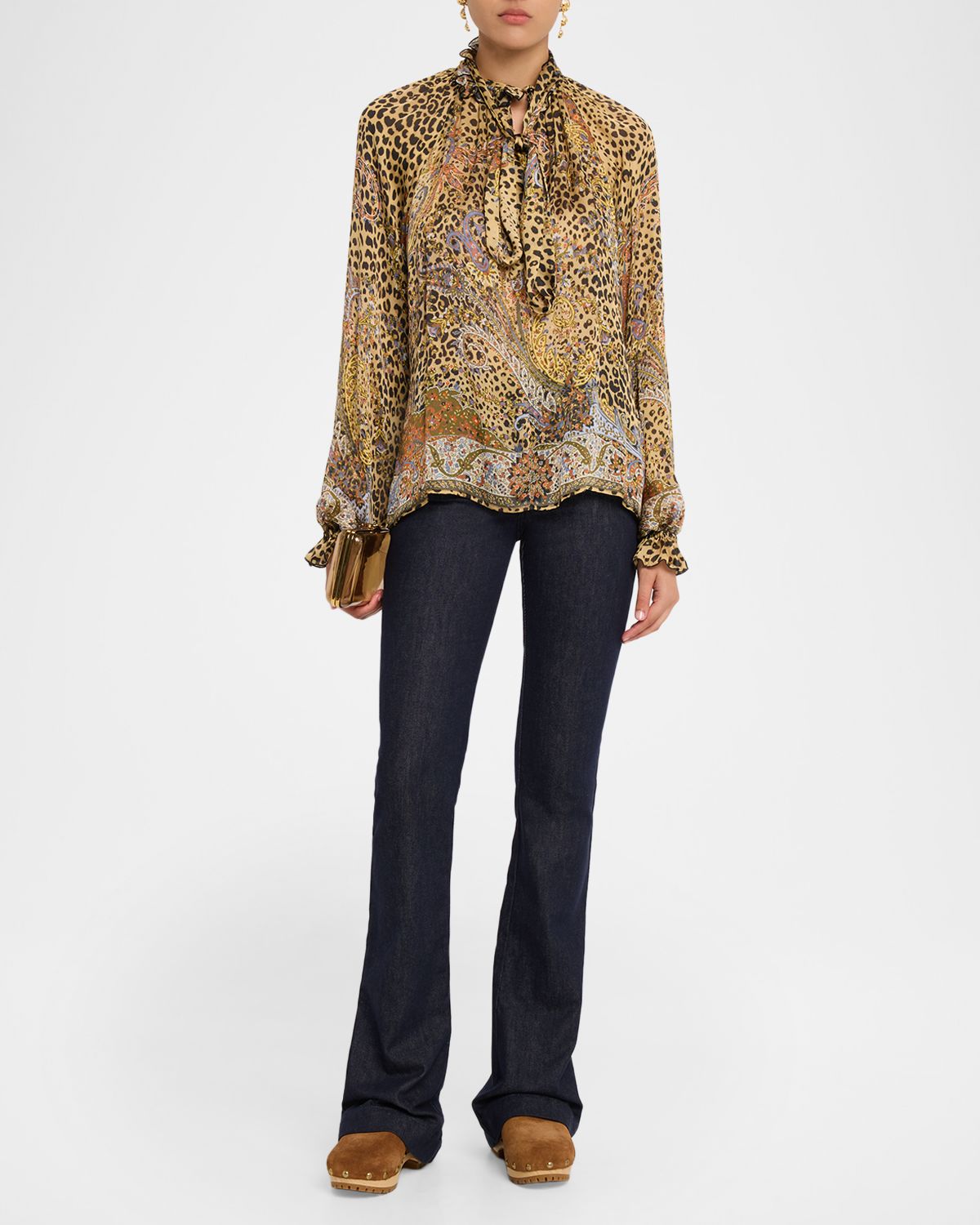 Etro Paisley Leopard-Print Silk Neck Scarf Blouse