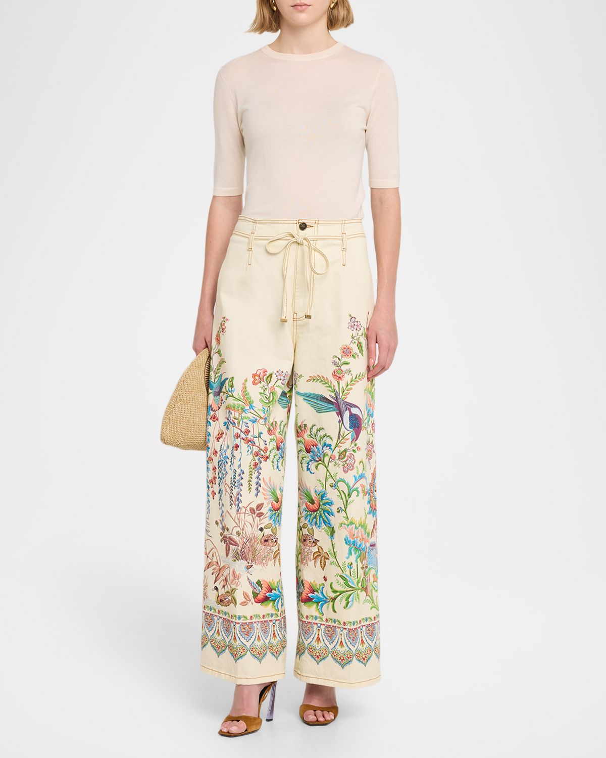 Etro Garden-Print Belted Wide-Leg Jeans