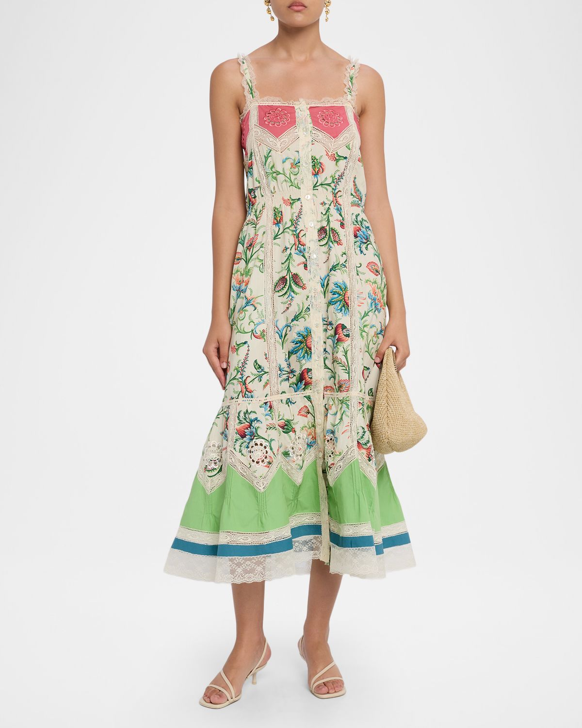 Etro Crochet-Inset Floral Cotton Button-Front Midi Dress