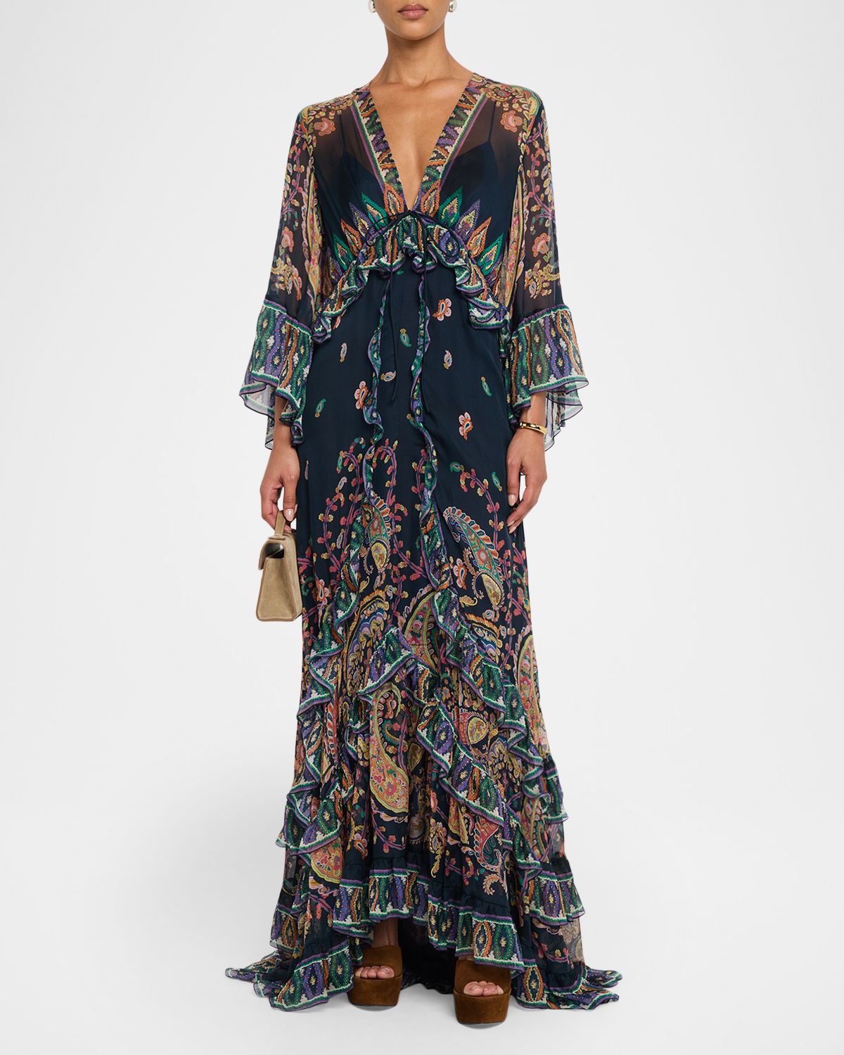 Etro Paisley Silk Ruffle Long-Sleeve Maxi Dress