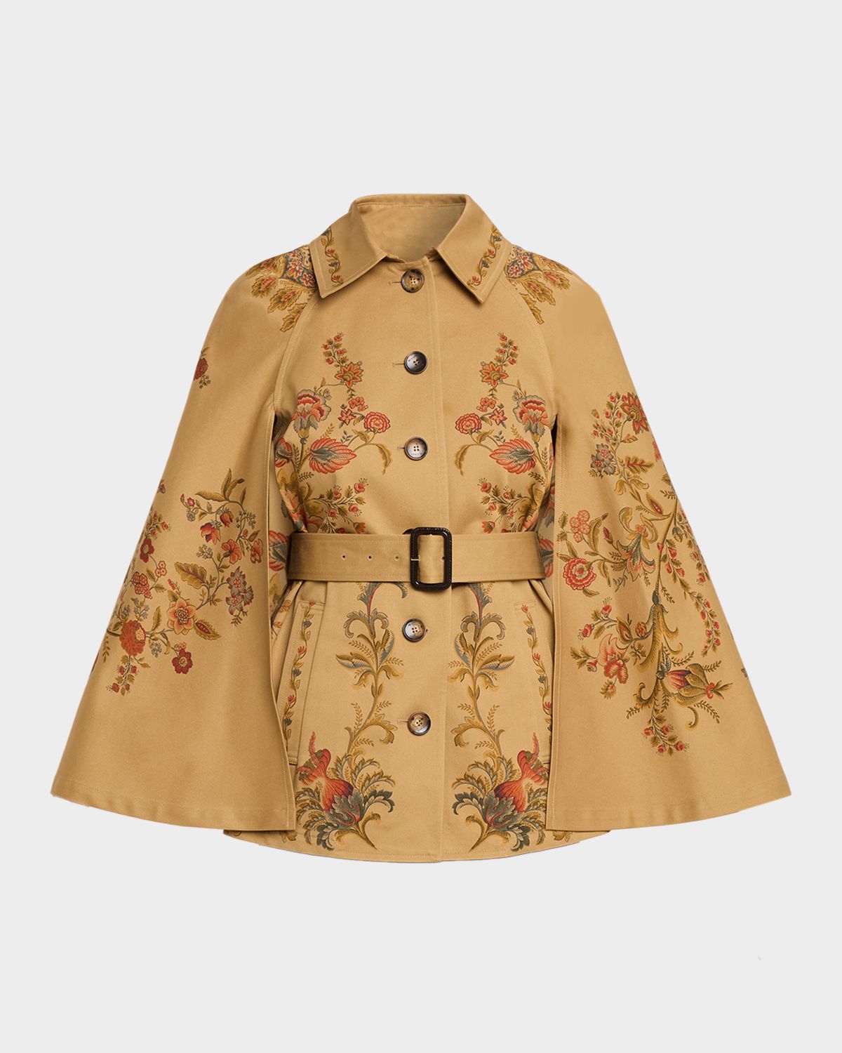 Etro Floral Cotton Twill Belted Cape Trench Coat
