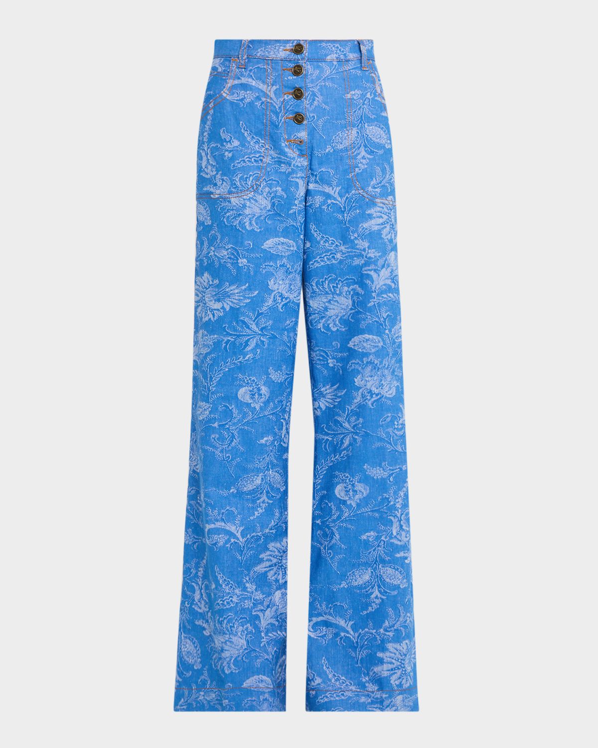 Etro Floral Denim Jacquard Button-Front Flare Jeans