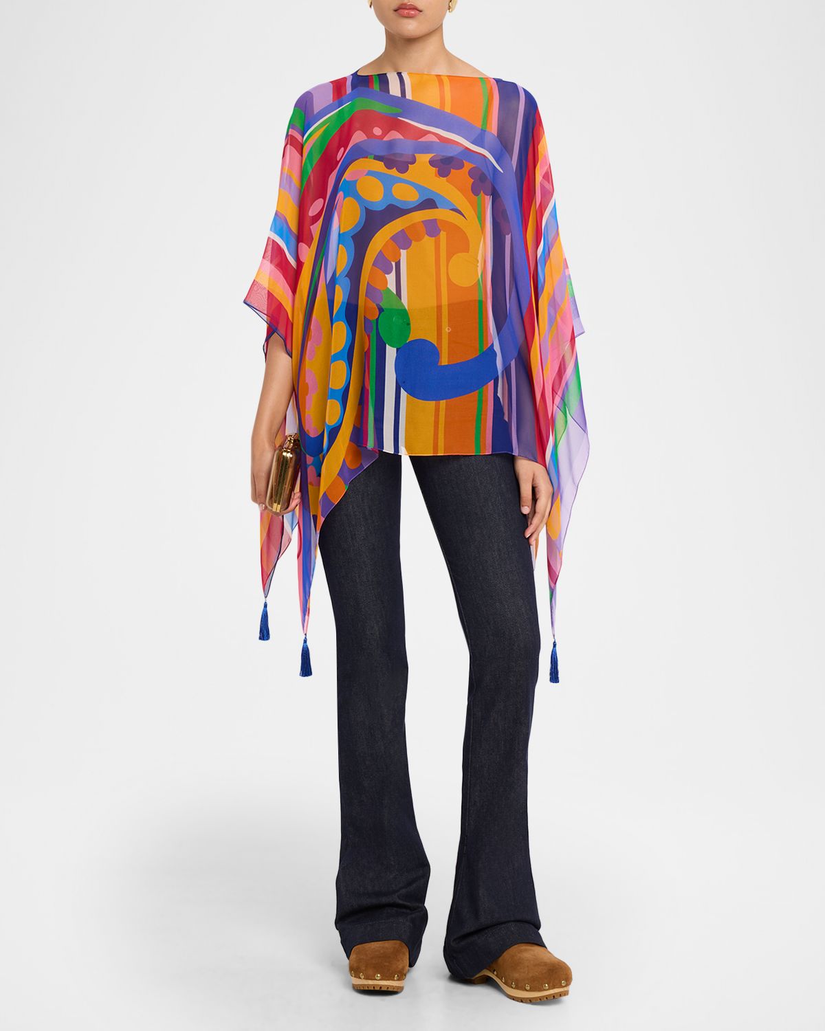 Etro Paisley Striped Silk Chiffon Poncho Top
