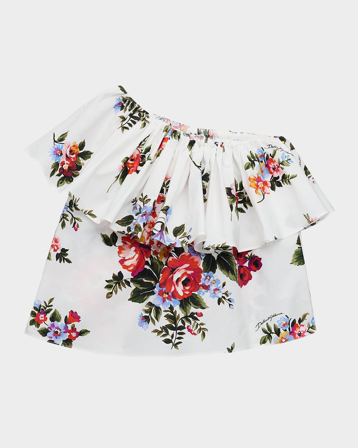 Dolce & Gabbana Girl 's One-Shoulder Ruffle Floral Poplin Top, Size -14