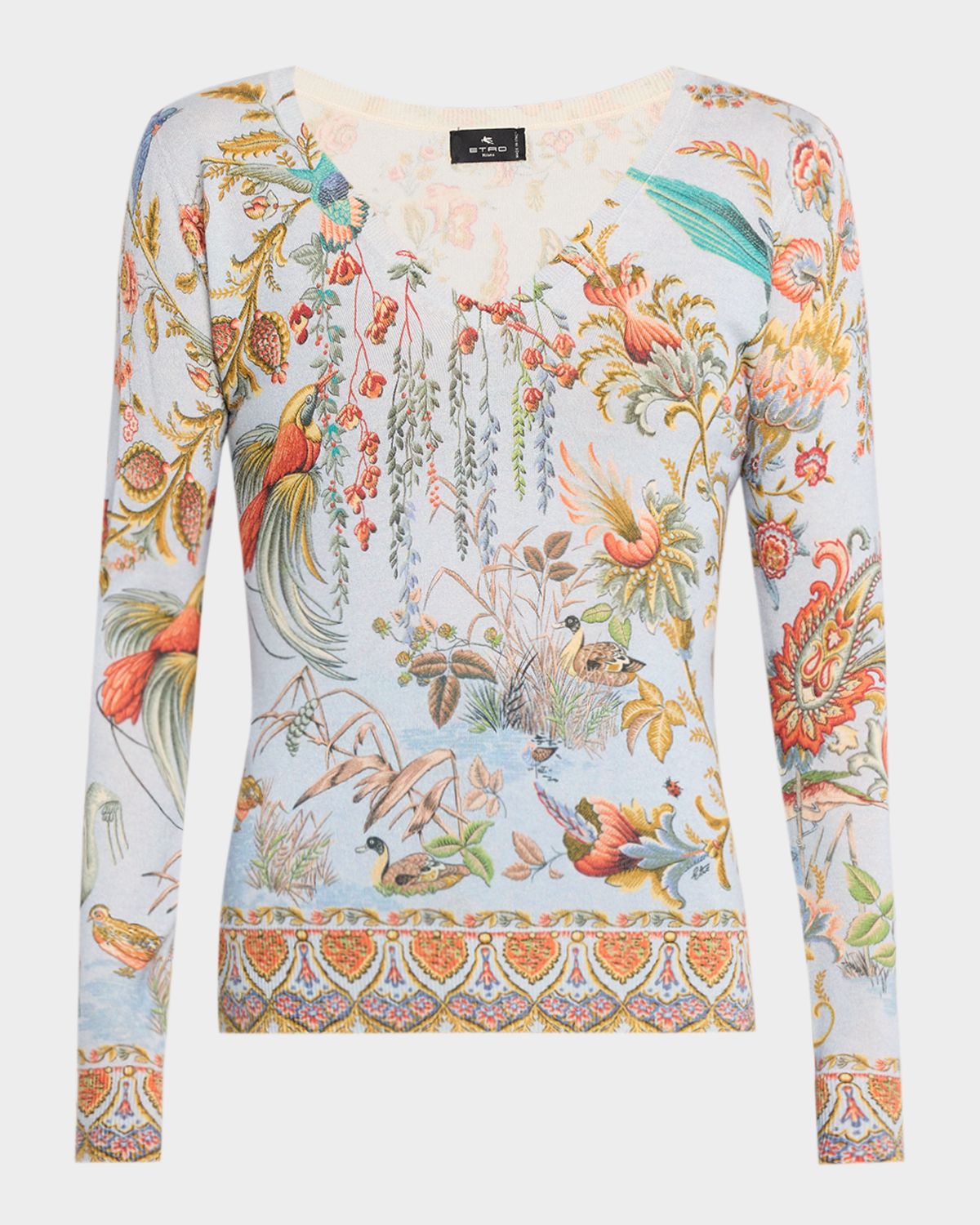 Etro Flora & Fauna Print Cashmere-Silk V-Neck Sweater