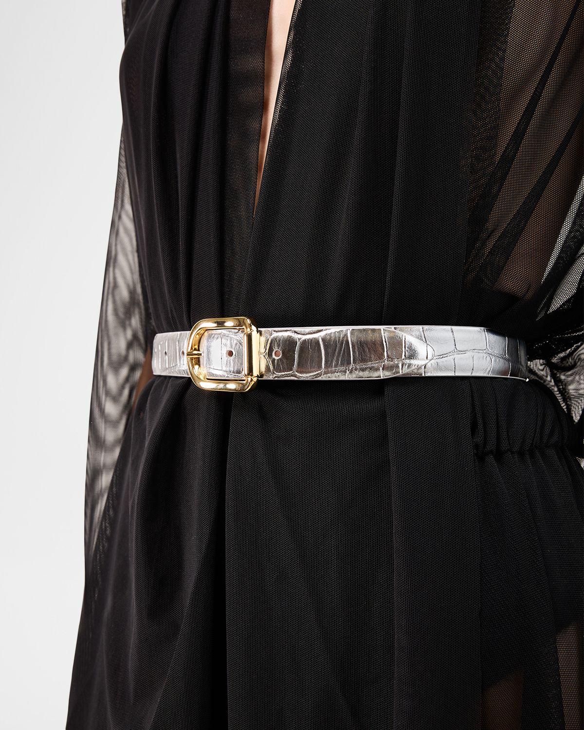 Dehanche Mija Mirror Croc-Embossed Leather Belt