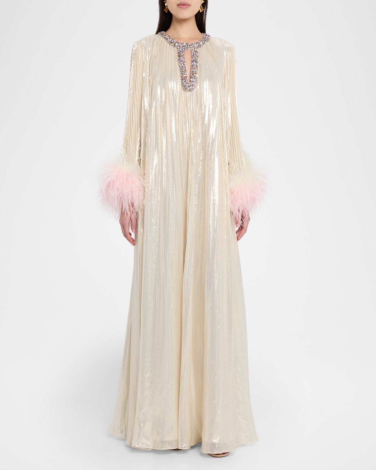 Self-Portrait Pleated Metallic Maxi Dress with Ombre Feather Cuffs