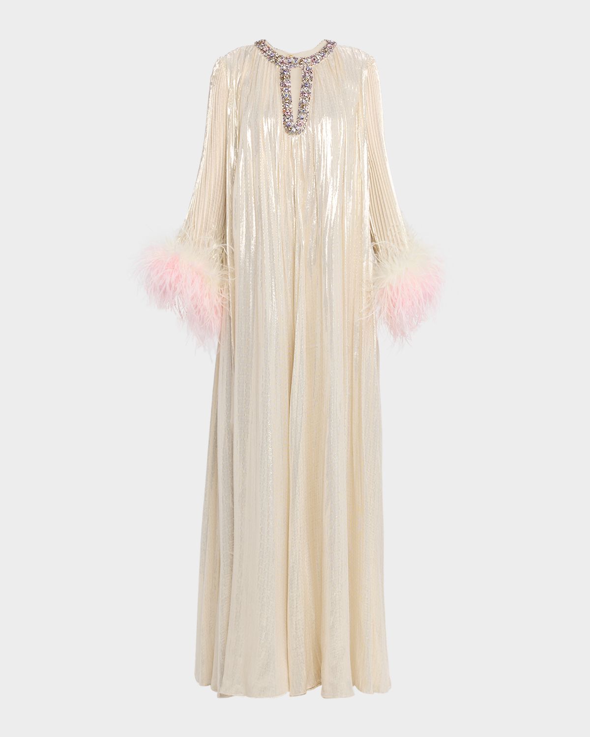 Self-Portrait Pleated Metallic Maxi Dress with Ombre Feather Cuffs