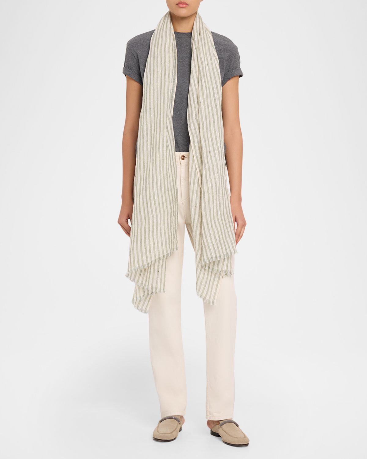Brunello Cucinelli Sparkling Striped Linen-Blend Scarf