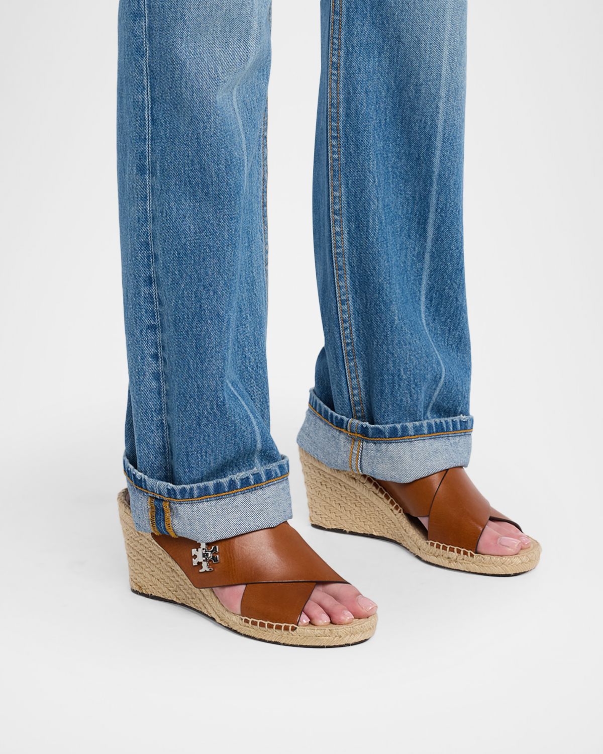 Tory Burch Turnlock Leather Slingback Espadrille Wedge Sandals