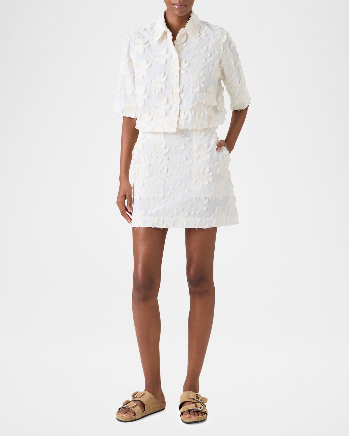 Akris punto 3D Flower Jacquard Elbow-Sleeve Button-Down Blouse | Thumbnail 6