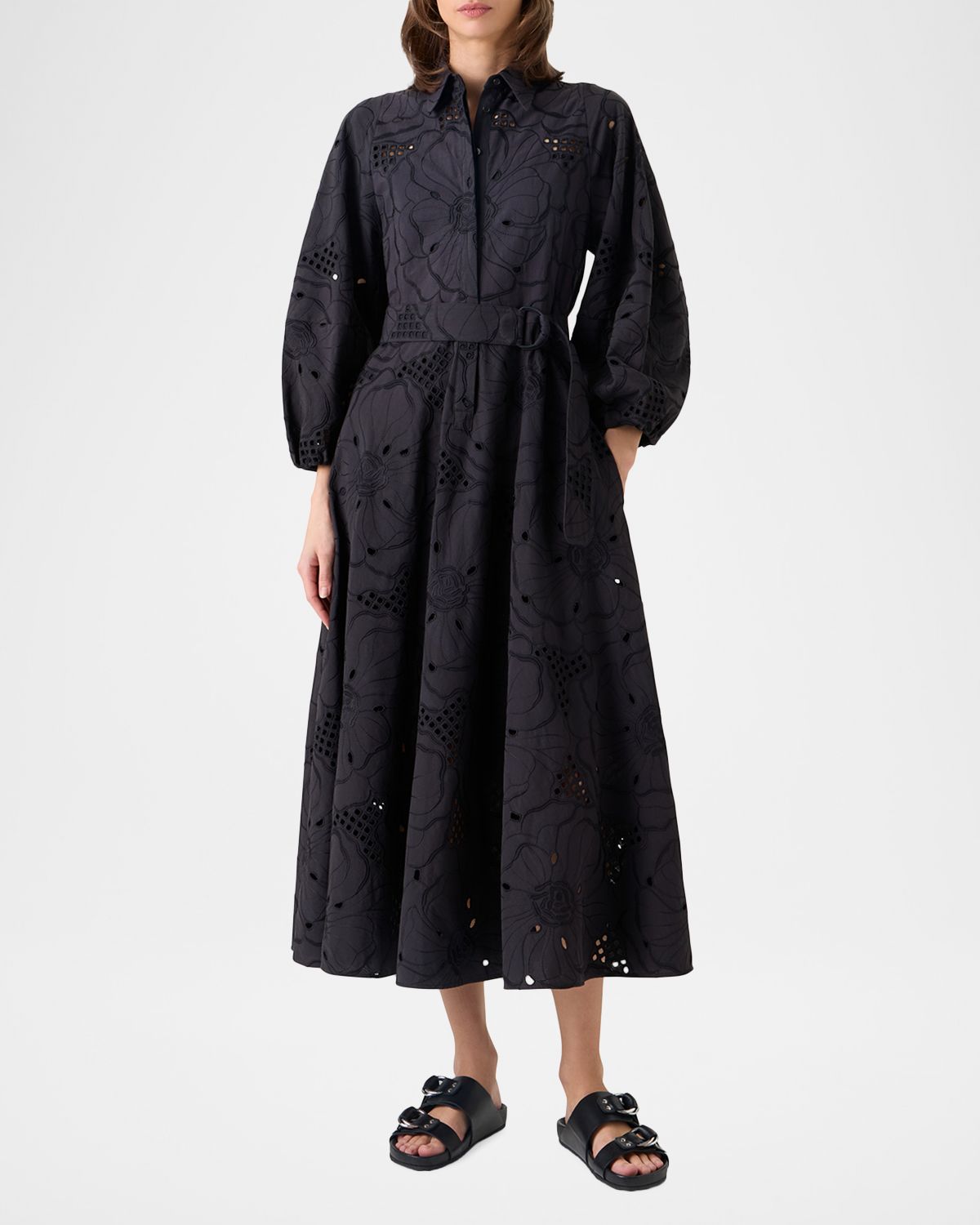 Akris punto Flower Eyelet Embroidered Cotton Belted Balloon-Sleeve Midi Shirtdress | Thumbnail 6 Akris punto Flower Eyelet Embroidered Cotton Belted Balloon-Sleeve Midi Shirtdress | Thumbnail 6