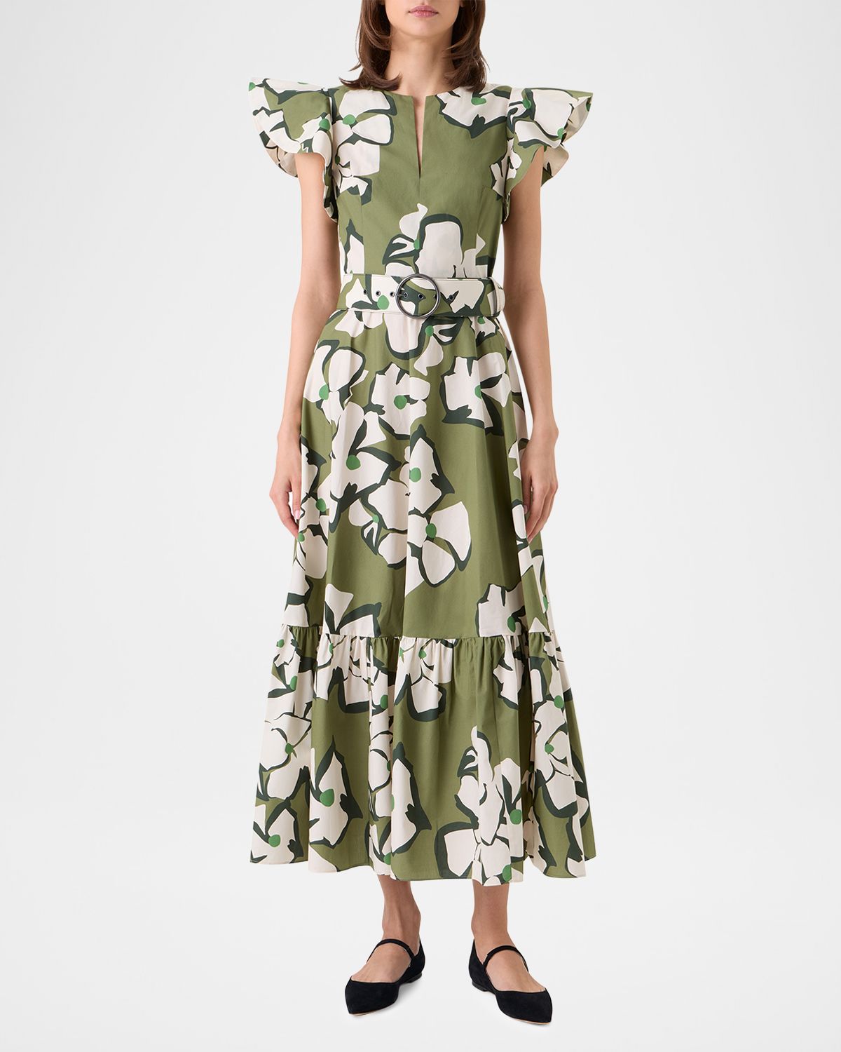 Akris punto Papercut Flower Cotton Ruffle Belted Midi Dress | Thumbnail 6