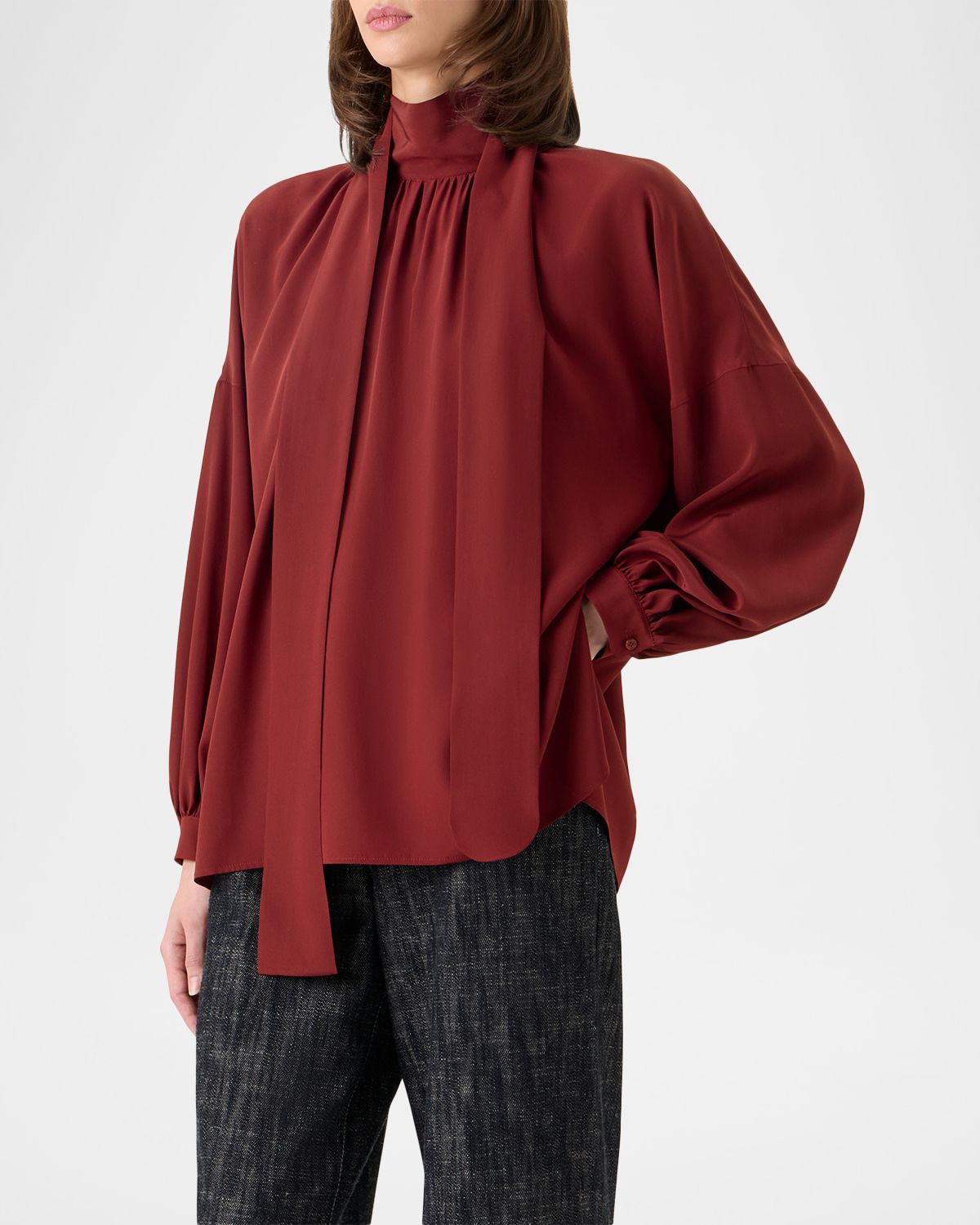 Akris punto Mock-Neck Bow Tie Silk Crepe De Chine Blouse | Thumbnail 4