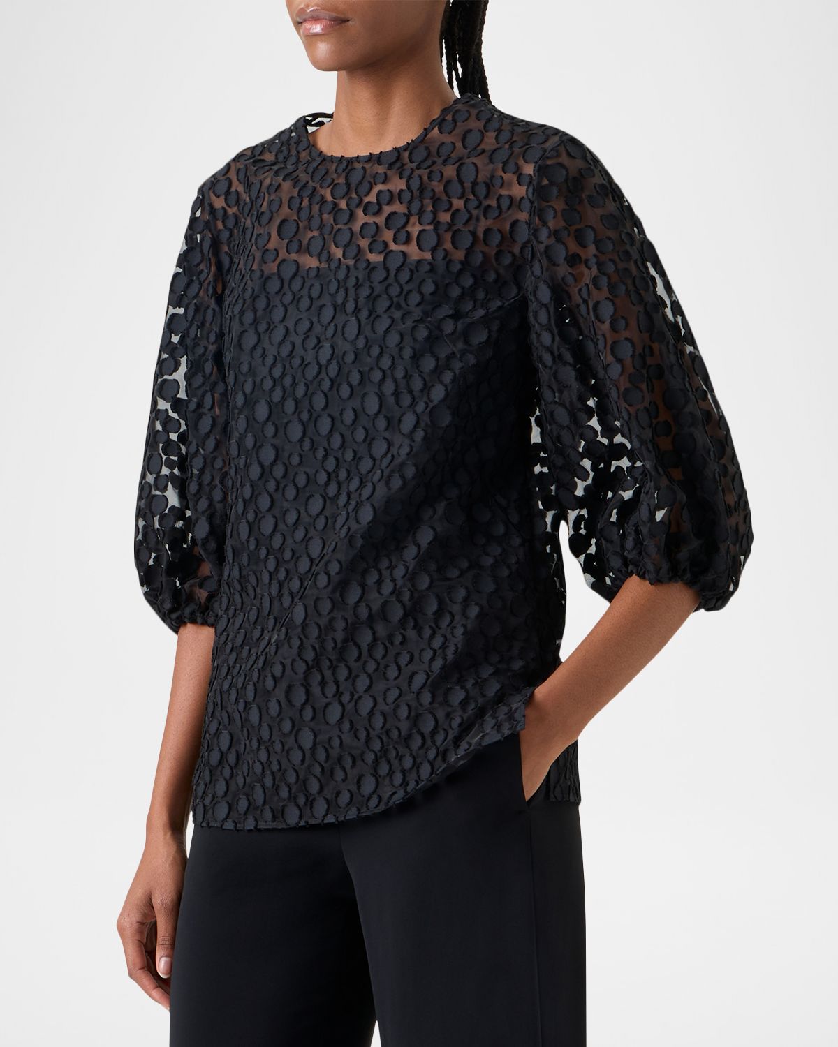 Akris punto Fringed Polka-Dot Jacquard Balloon-Sleeve Blouse | Thumbnail 4