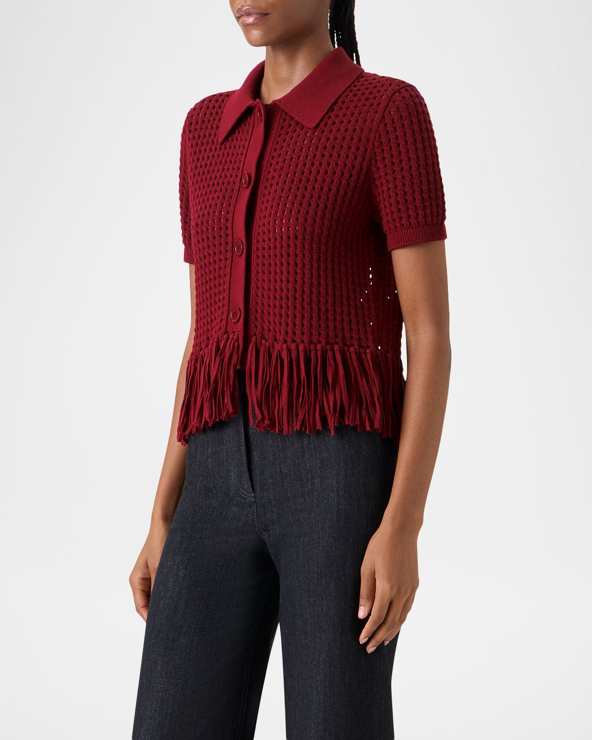 Akris punto Chunky Cotton Mesh Knit Fringed Collared Cardigan | Thumbnail 4