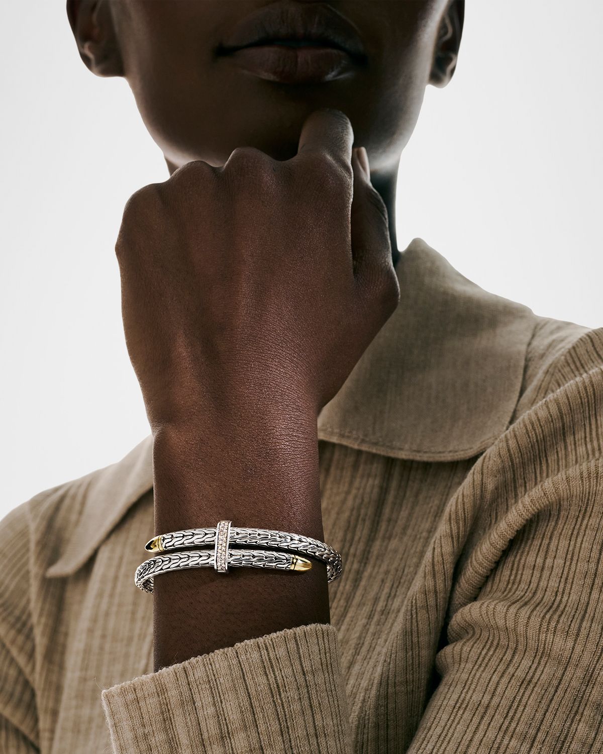 John Hardy Spear Flex Sterling Silver and 14K Gold Cuff Bracelet with Diamonds