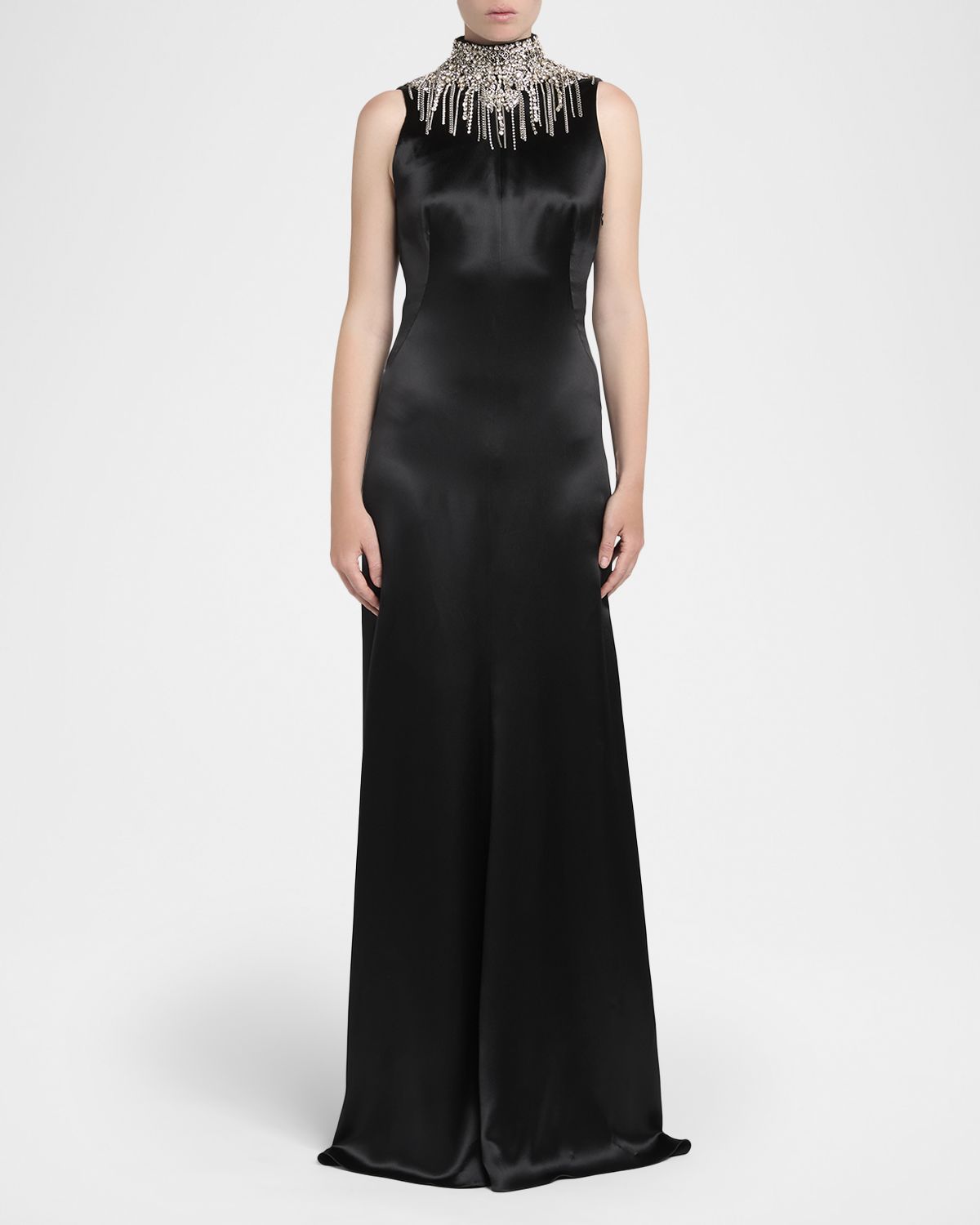 McQueen Chain Mail Turtleneck Satin Backless Evening Dress