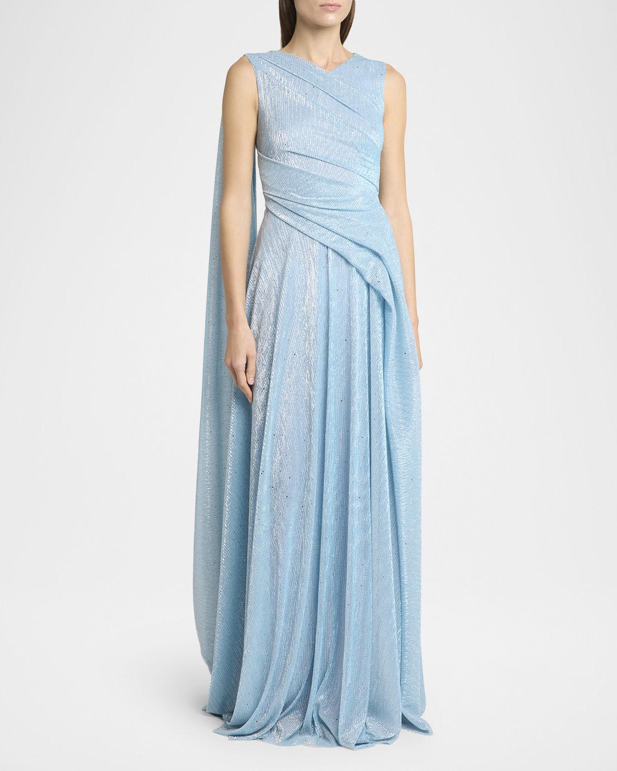 Talbot Runhof Draped Sleeveless Metallic Gown with Cape