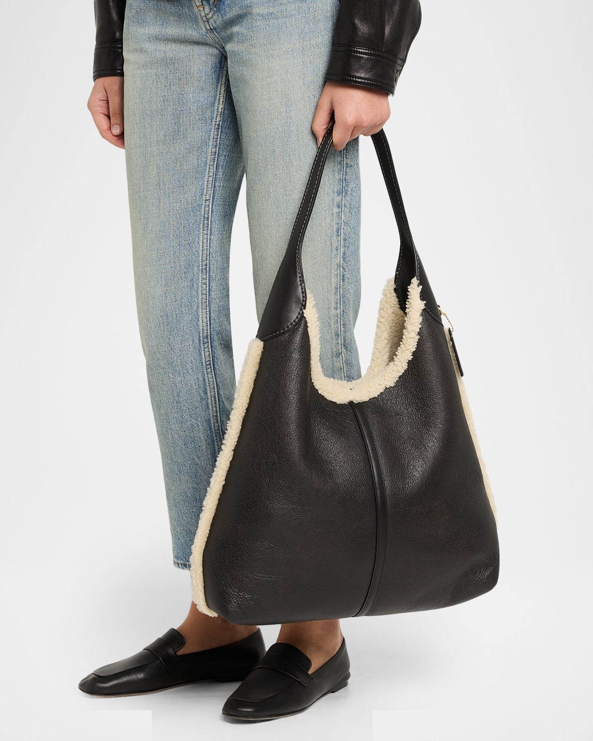 Coach Shearling-Trim Leather Shoulder Bag