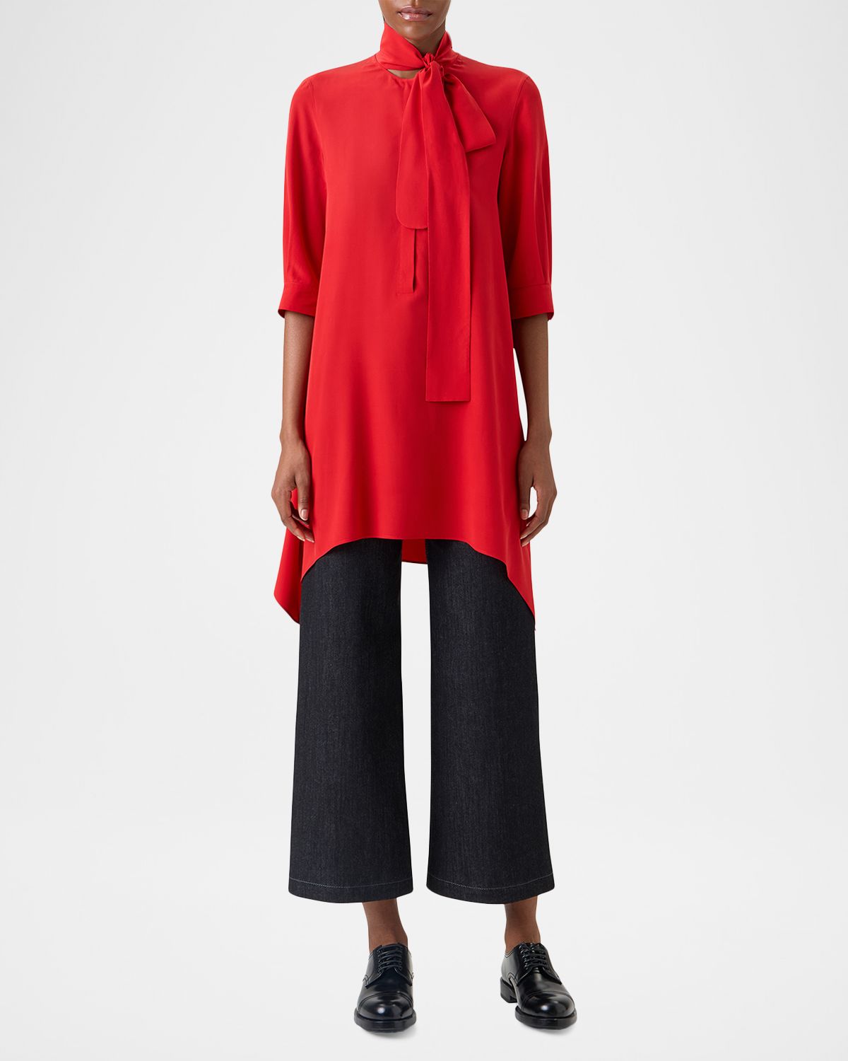 Akris punto Neck Scarf 3/4-Sleeve Silk Tunic Blouse | Thumbnail 2 Akris punto Neck Scarf 3/4-Sleeve Silk Tunic Blouse | Thumbnail 2