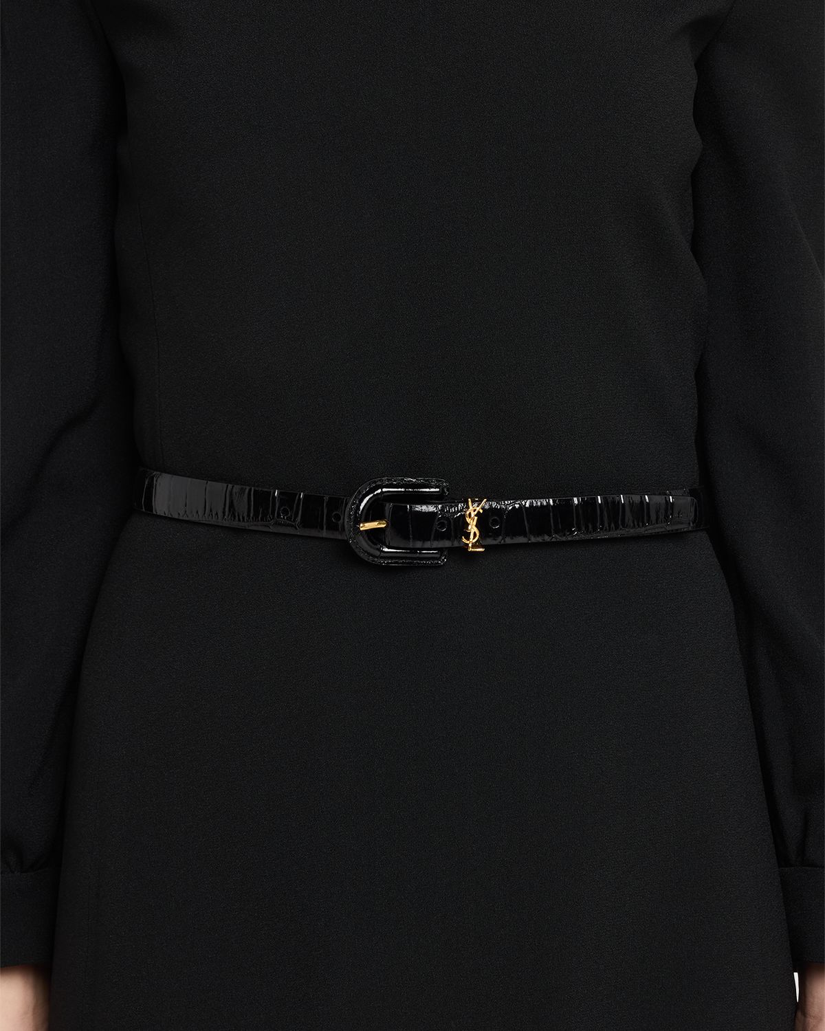 Saint Laurent Cassandre Croco-Embossed Leather Thin Belt - Women's Accessories