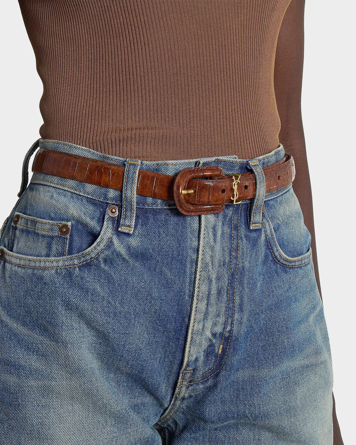 Saint Laurent Cassandre Croco-Embossed Leather Thin Belt - Women's Accessories