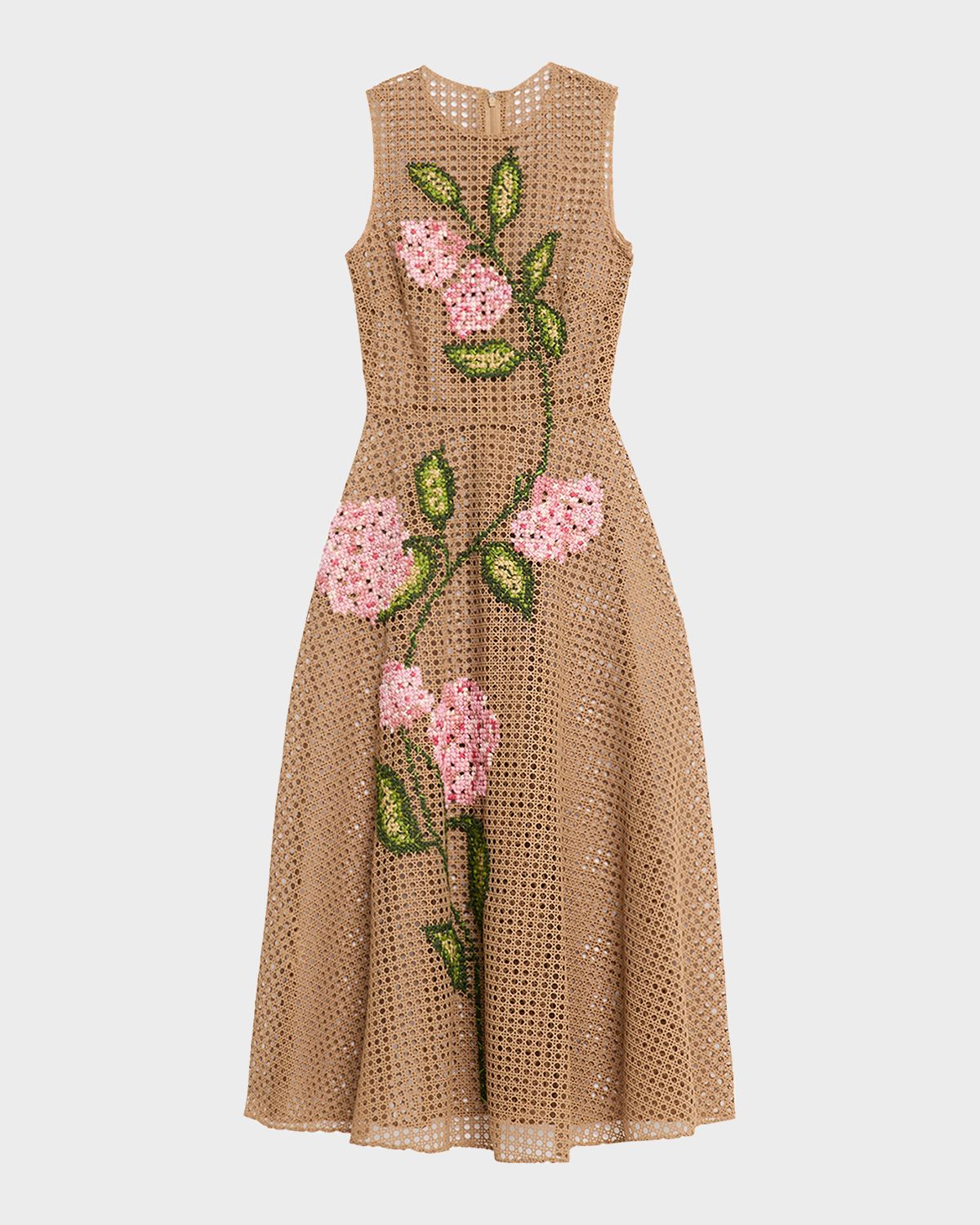 Oscar de la Renta Cross-Stitched Rattan Guipure Sleeveless Midi Dress