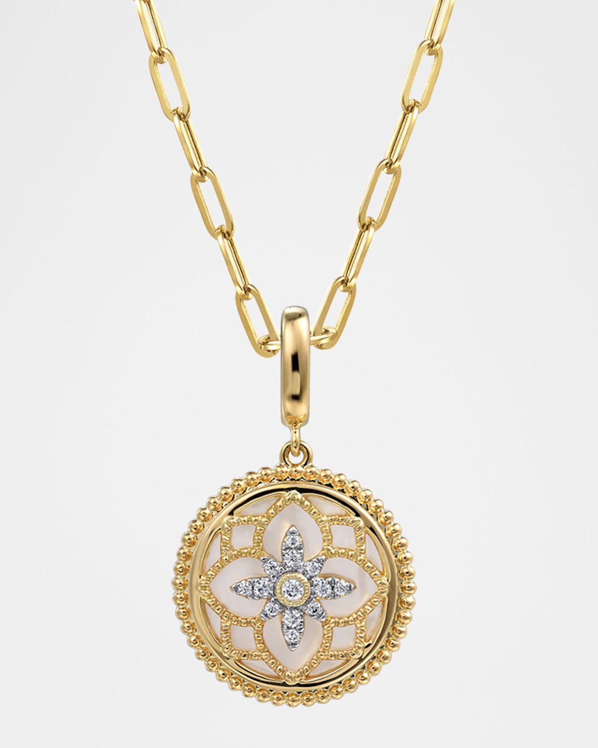 Gabriel & Co 14K Yellow Gold Bujukan Diamond and Mother of Pearl Medallion Pendant, 18mm