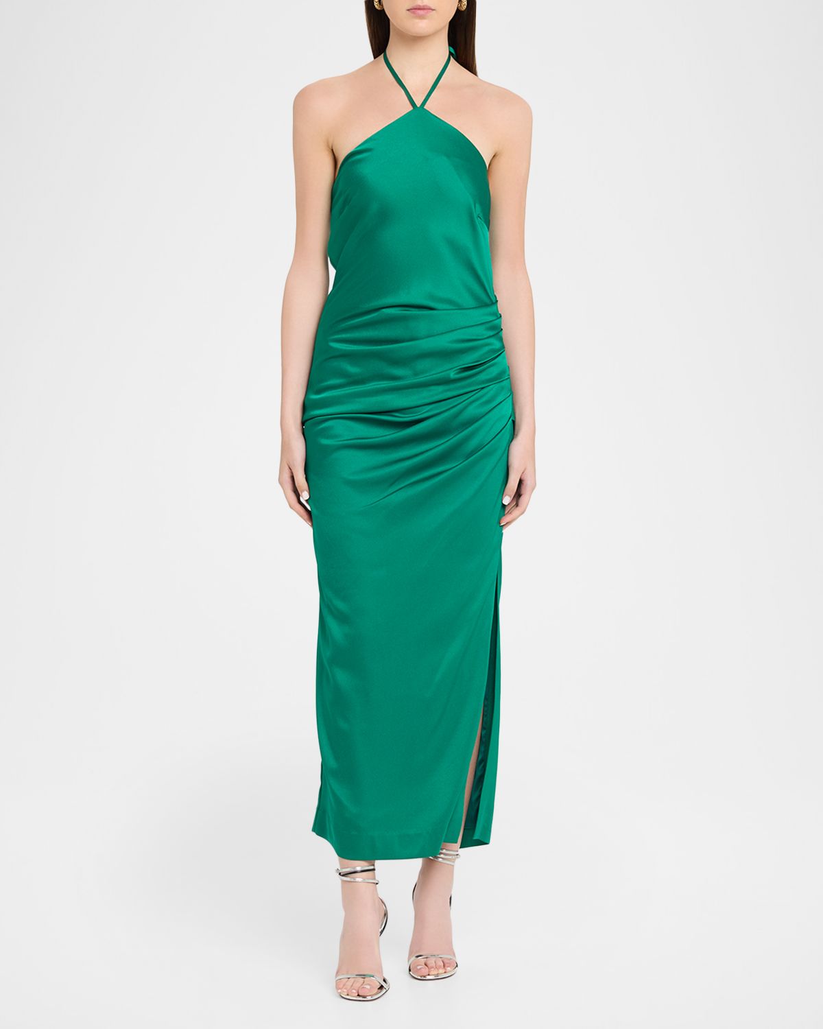 SIMKHAI Hansel Ruched Satin Halter Maxi Dress
