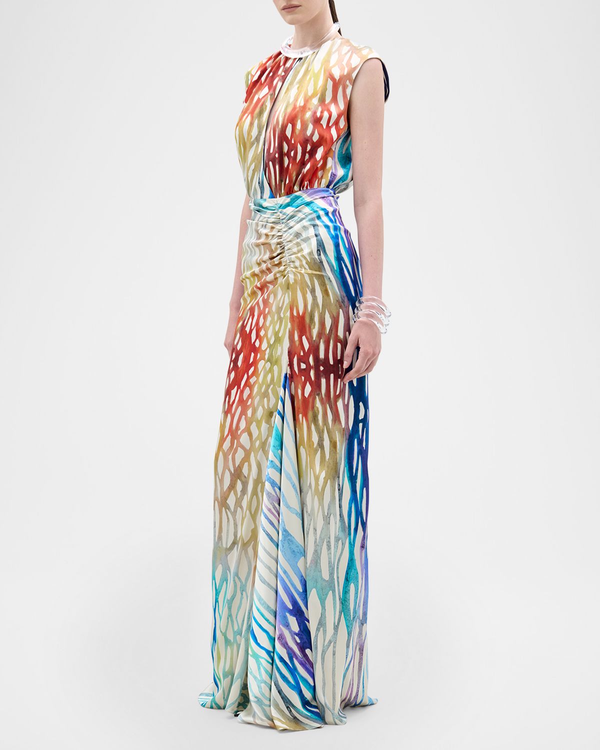 Silvia Tcherassi Samaira Coral Symphony Ruched Sleeveless Maxi Dress