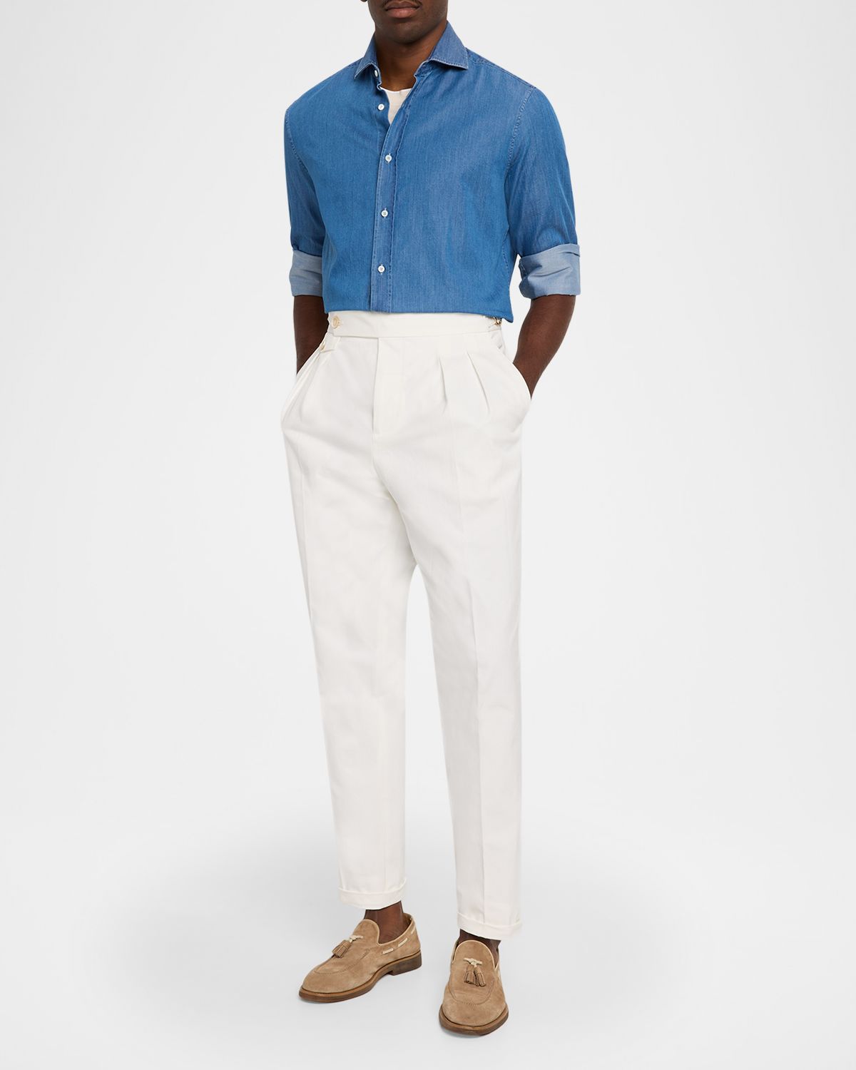 Brunello Cucinelli Men's Cotton Pleated Trousers with Waist Tabs