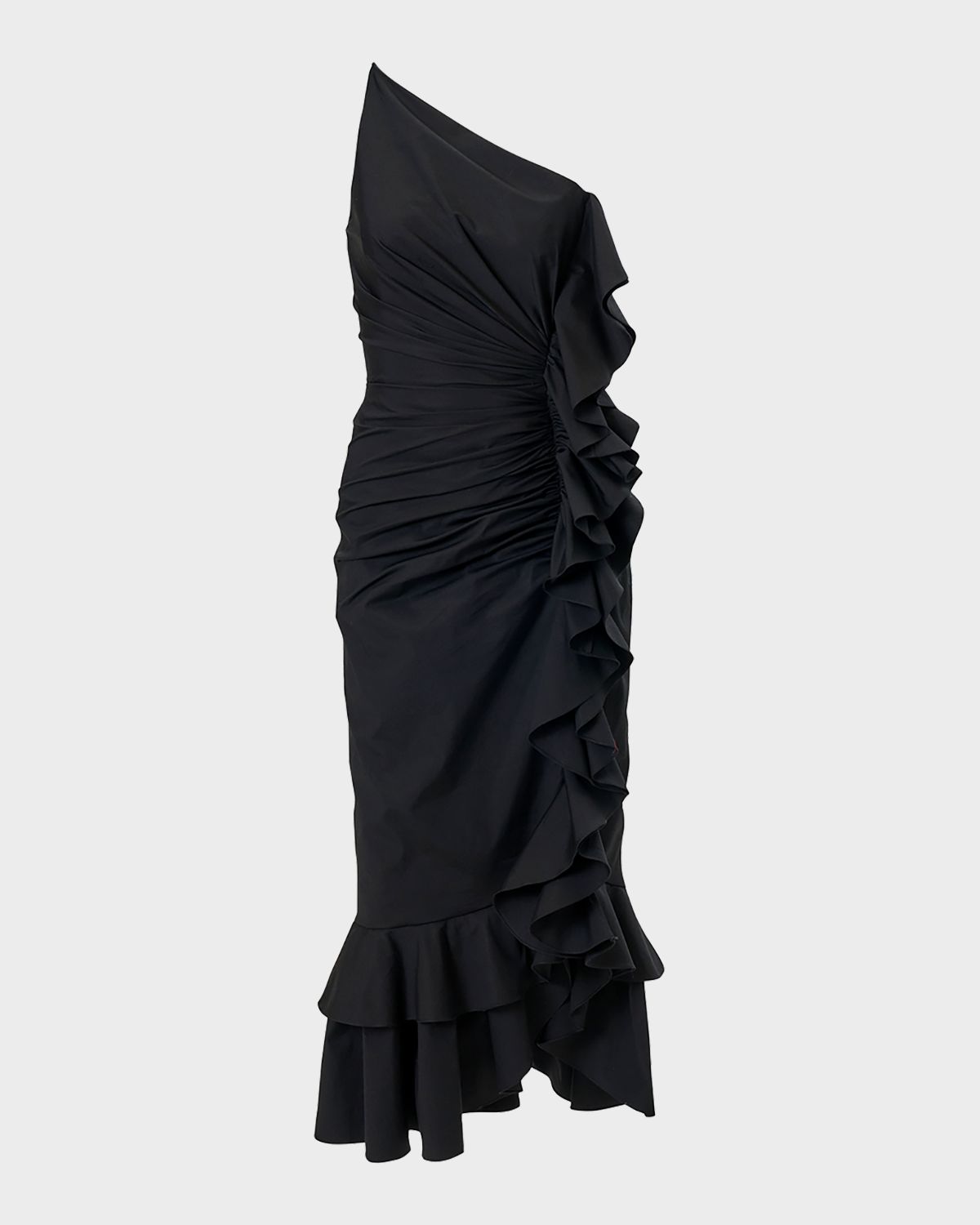 Carolina Herrera One-Shoulder Ruched Ruffle Midi Dress