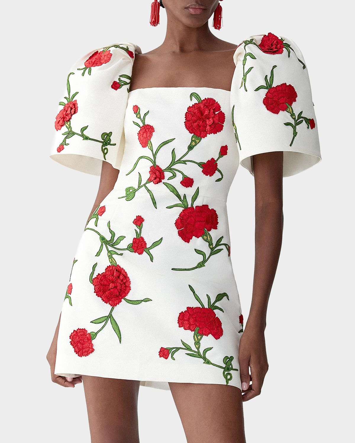 Carolina Herrera Carnation Embroidered Bell-Sleeve Mini Dress
