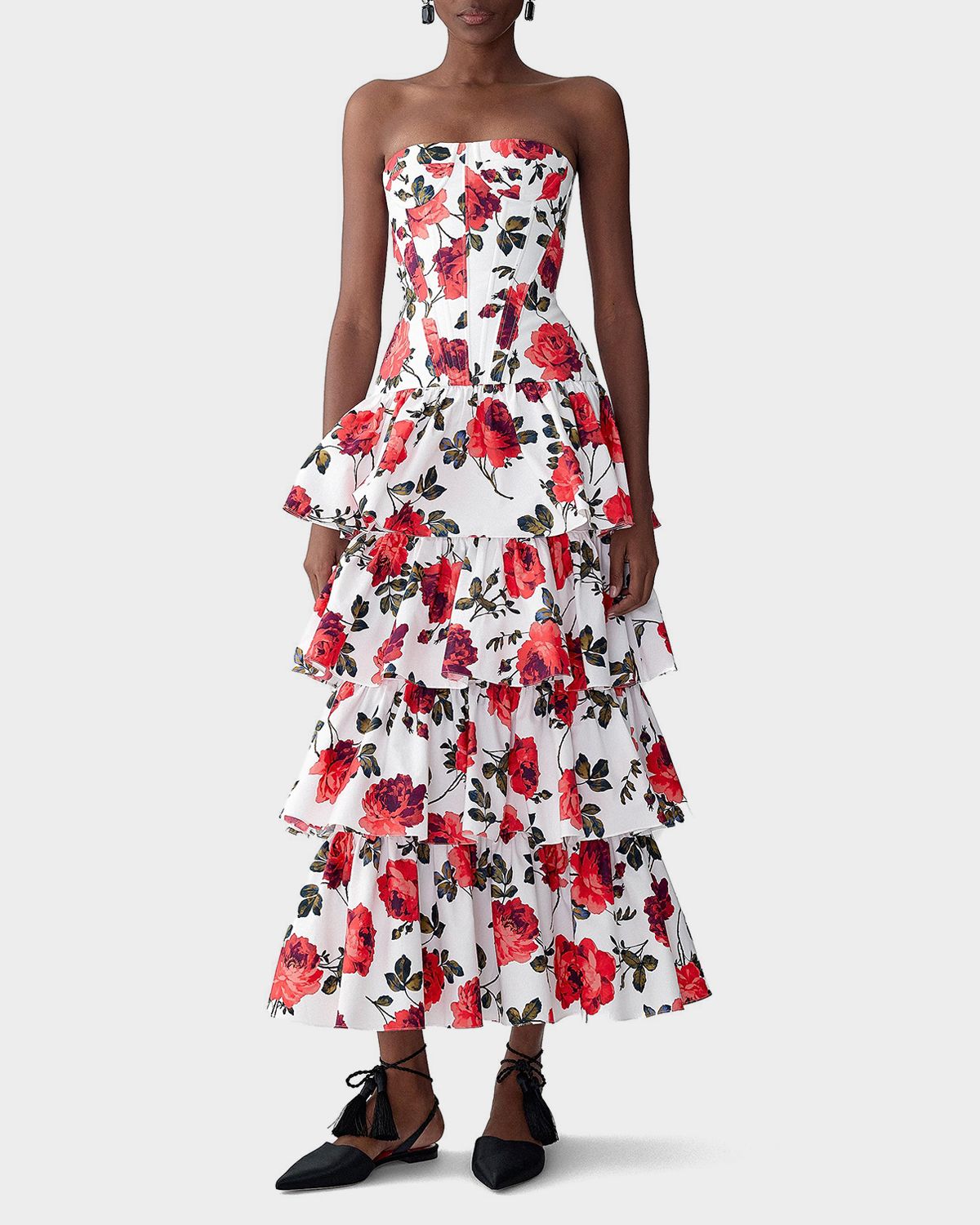 Carolina Herrera Strapless Corset Tiered Ruffle Midi Dress