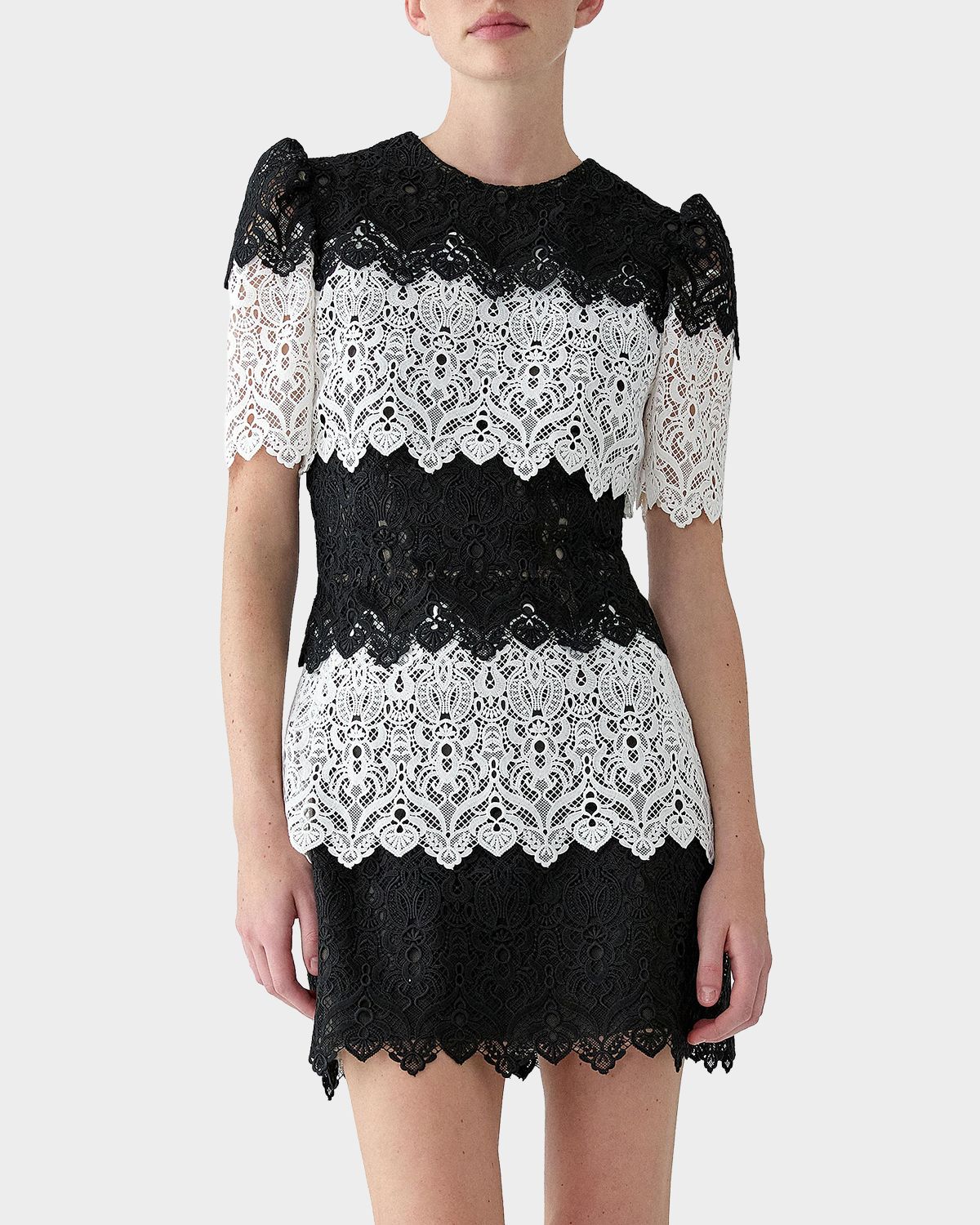 Carolina Herrera Tiered Colorblock Lace Short-Sleeve Mini Dress