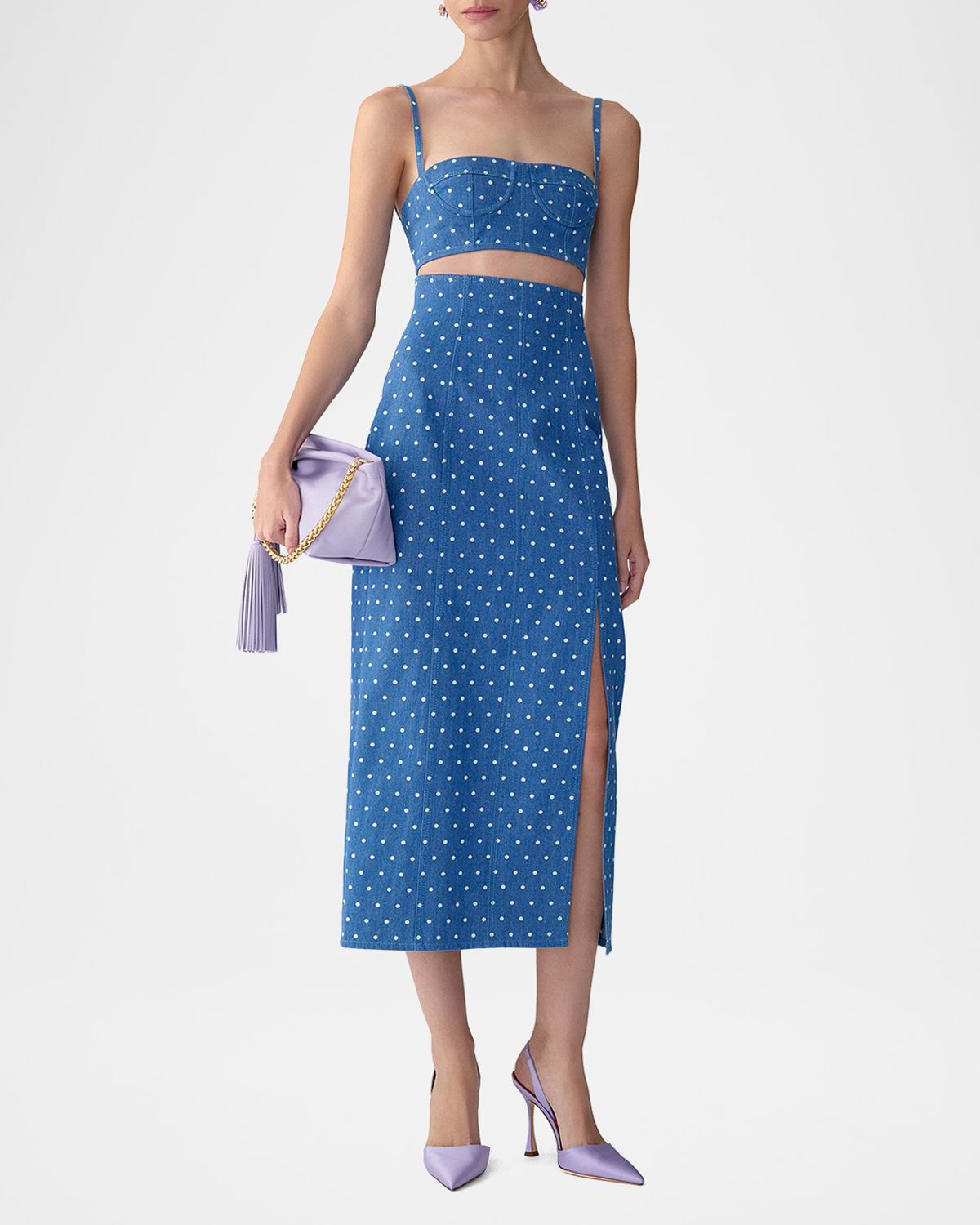 Carolina Herrera Polka-Dot Denim Slit Midi Skirt