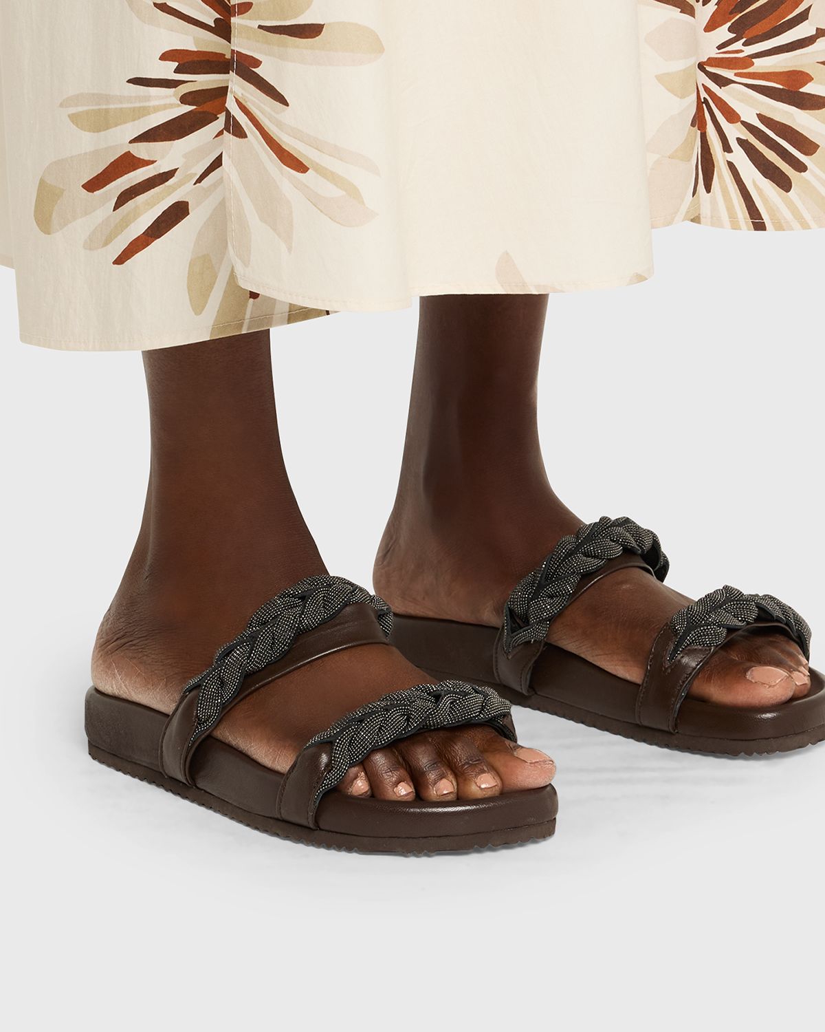 Brunello Cucinelli Braided Monili Leather Slide Sandals