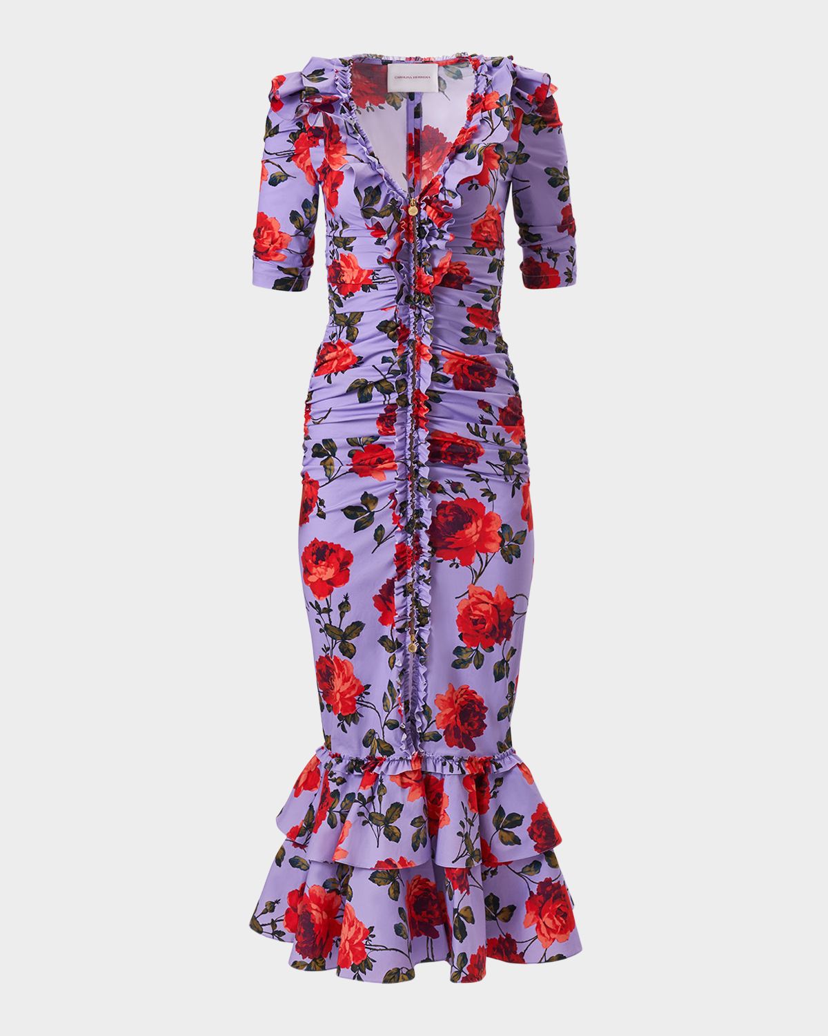 Carolina Herrera Rose-Print Ruched V-Neck Midi Dress