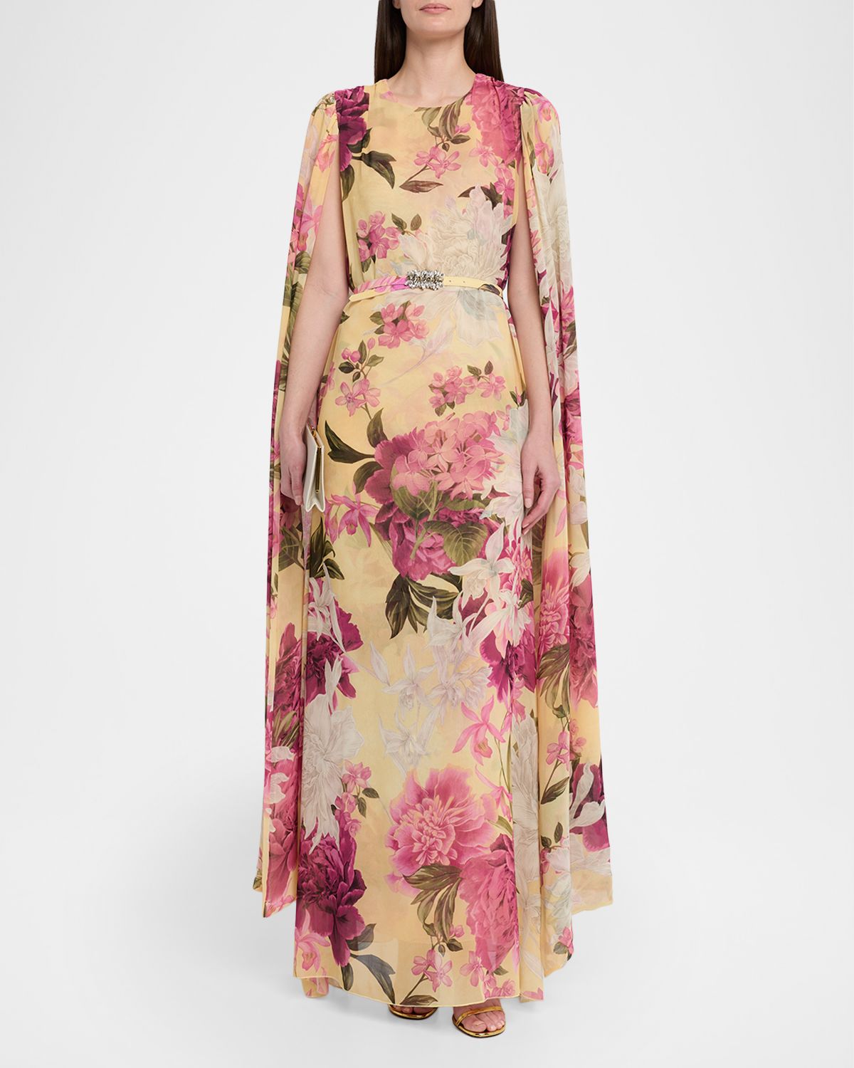 Chiara Boni La Petite Robe Senka Belted Cape-Sleeve Floral Gown