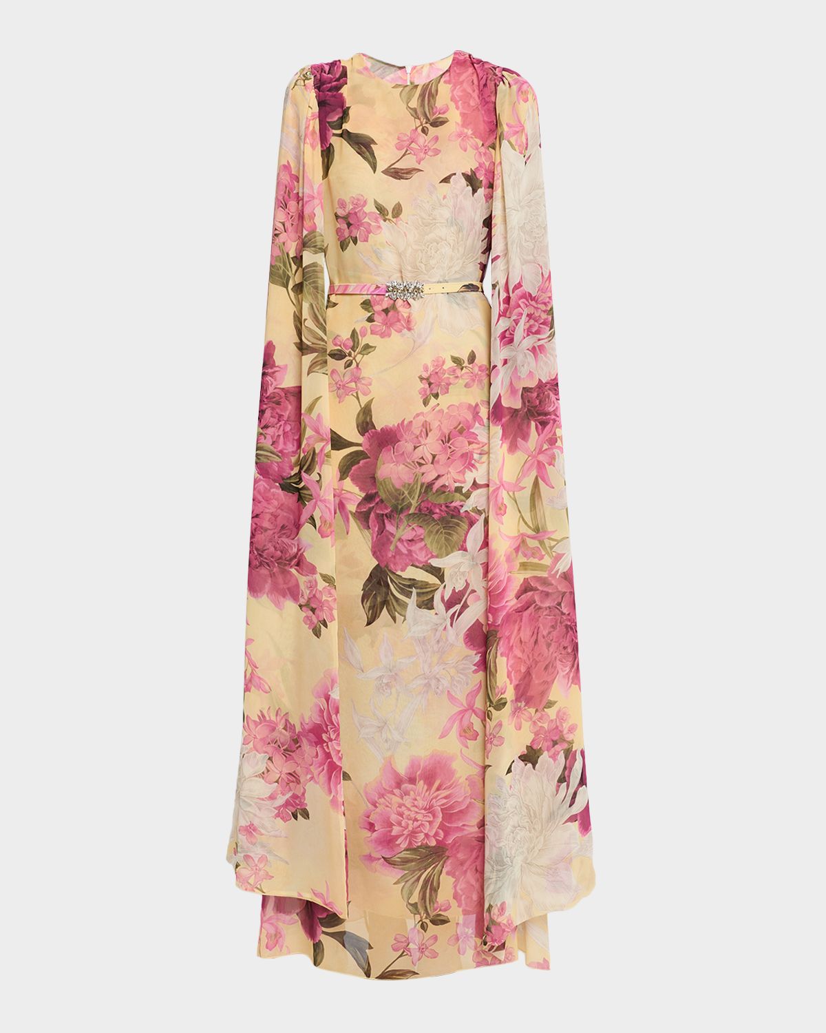 Chiara Boni La Petite Robe Senka Belted Cape-Sleeve Floral Gown