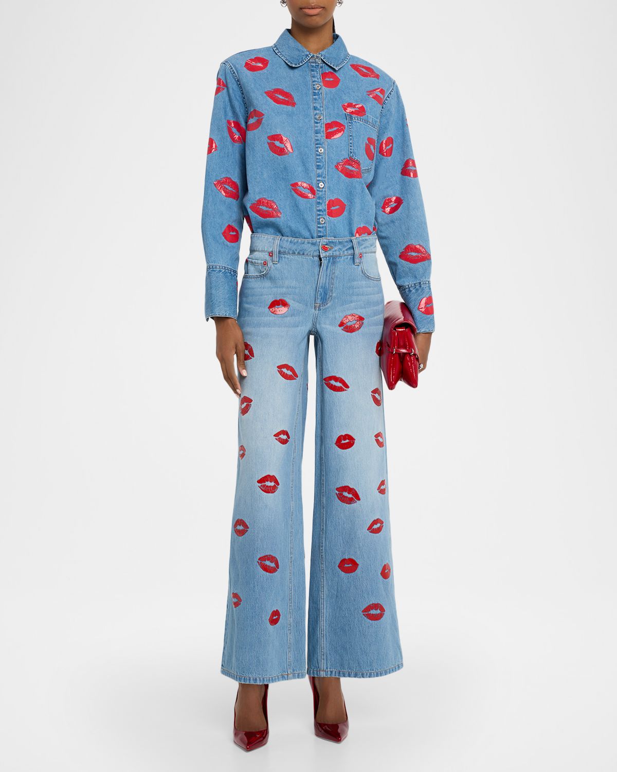 ALICE + OLIVIA Finely Denim Lips Oversized Shirt