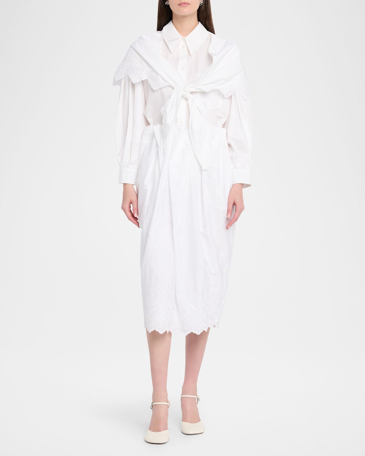 Simone Rocha Pleated Waist Eyelet Embroidered Midi Pencil Skirt