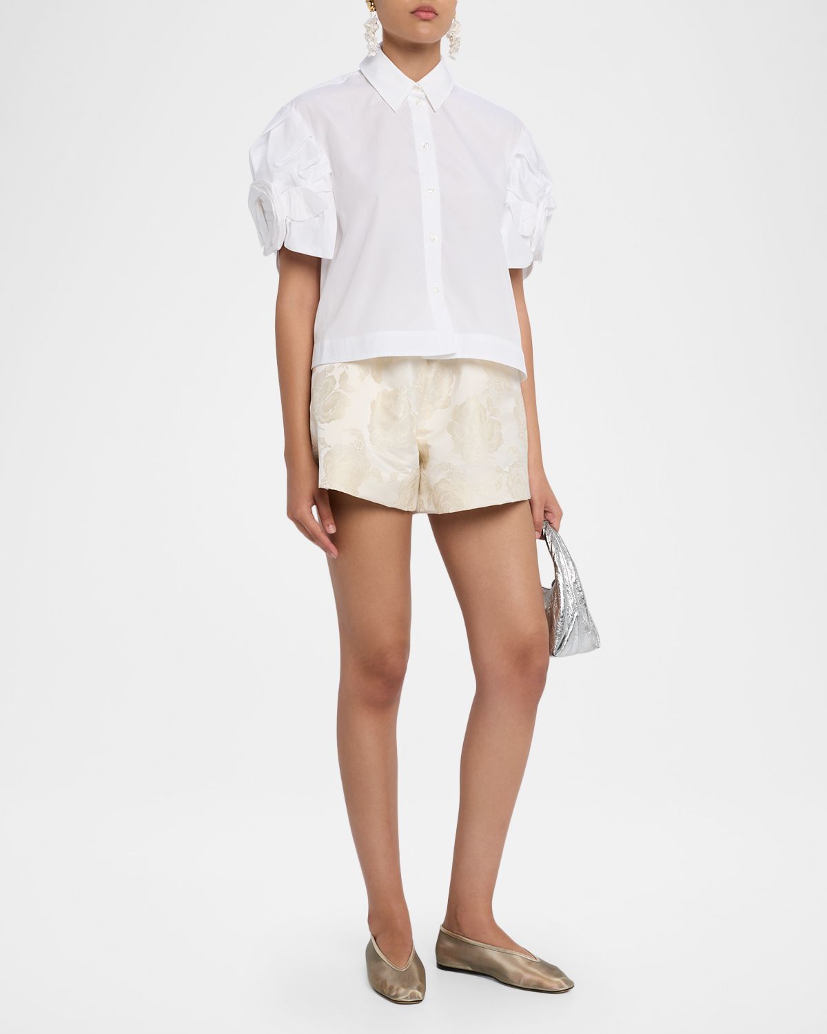 Simone Rocha Rose Puff-Sleeve Crop Button-Down Shirt