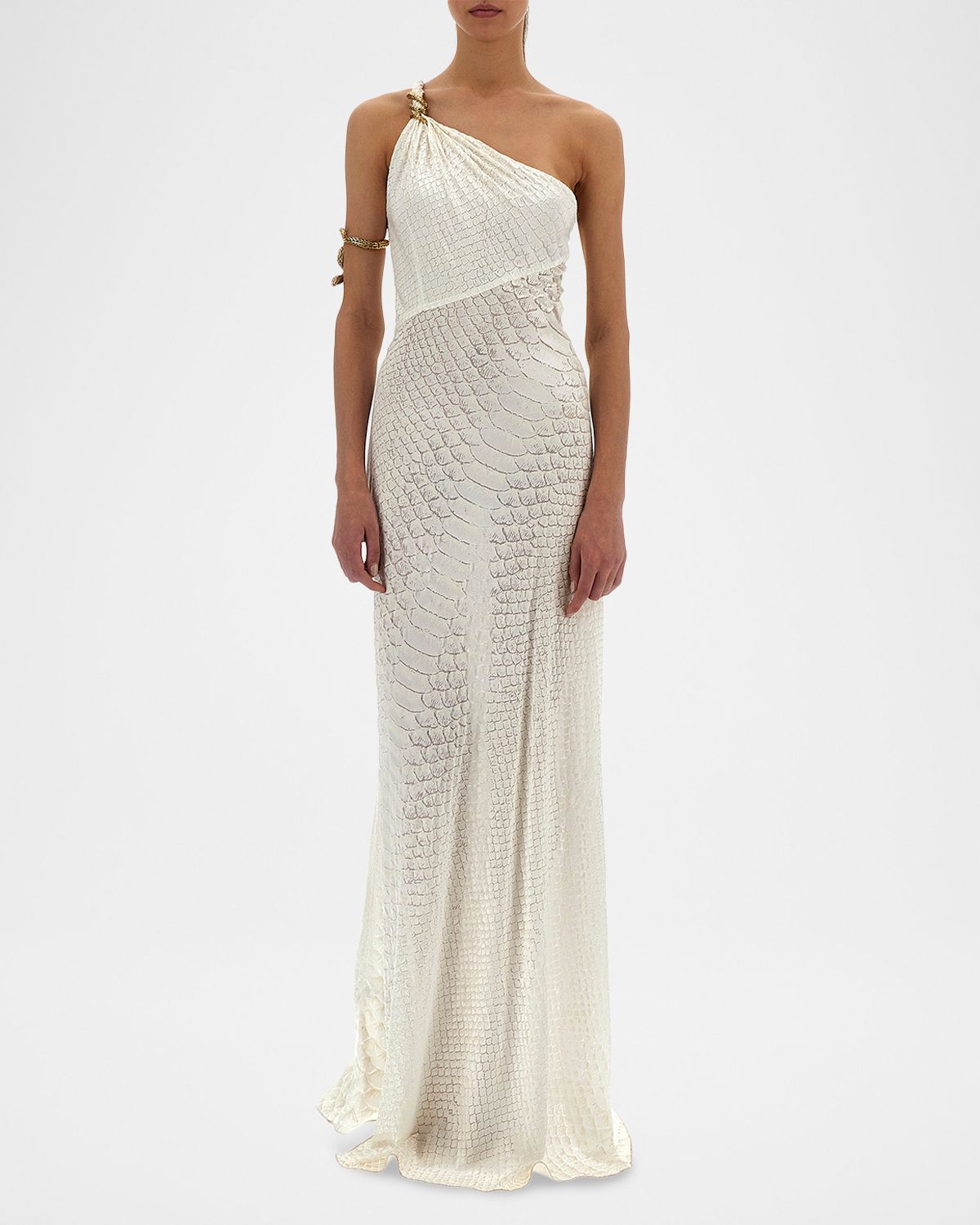 Roberto Cavalli Serpentine-Print Silk One-Shoulder Maxi Dress