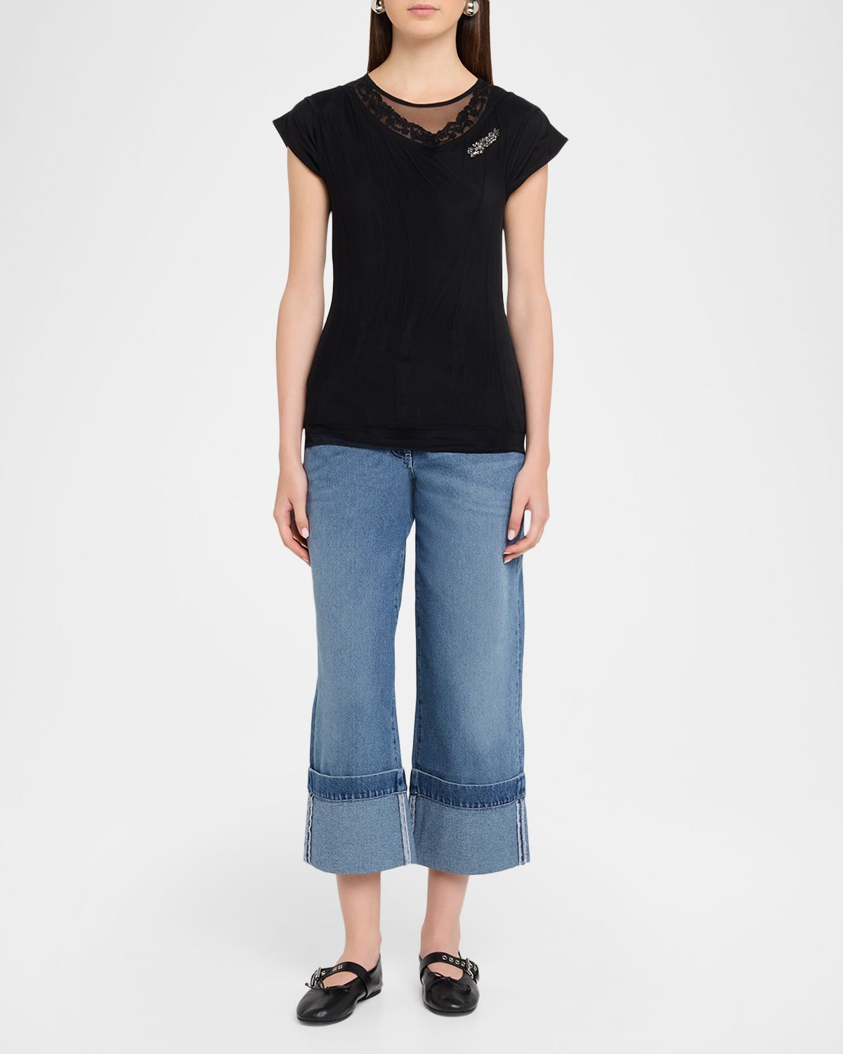 Simone Rocha Layered Liquid Crystal Embellished Short-Sleeve Top