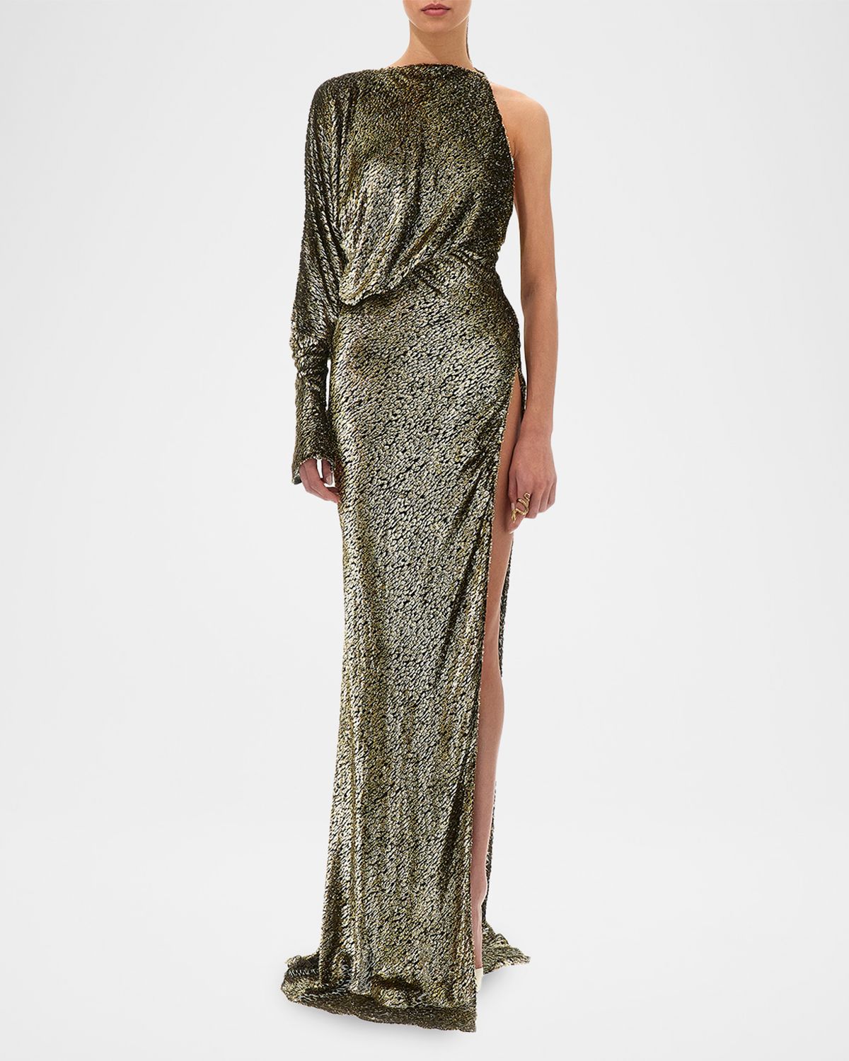 Roberto Cavalli Metallic Leopard Fil Coupe Asymmetric Slit Gown