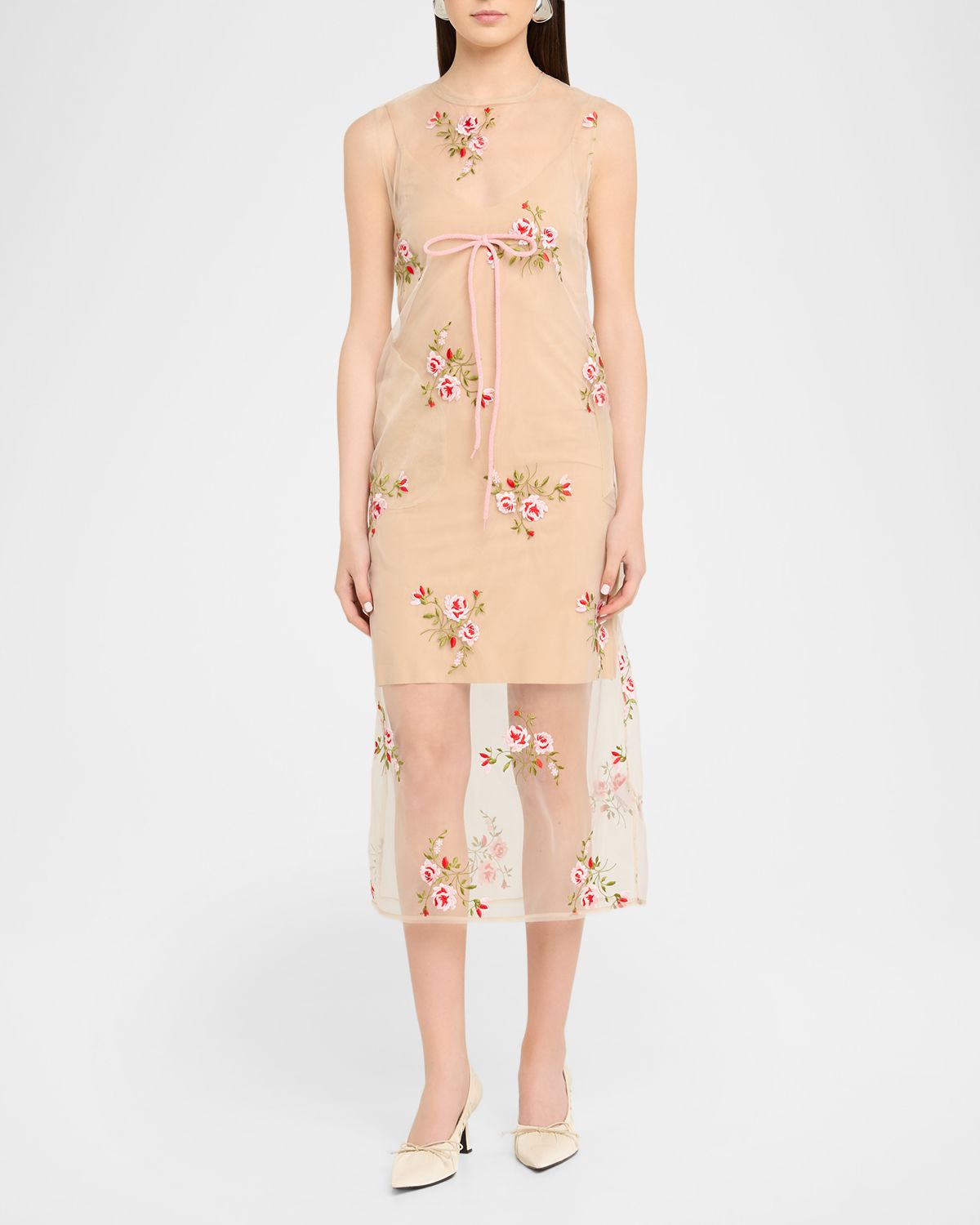 Simone Rocha Floral Embroidered Sheer Tulle Midi Dress