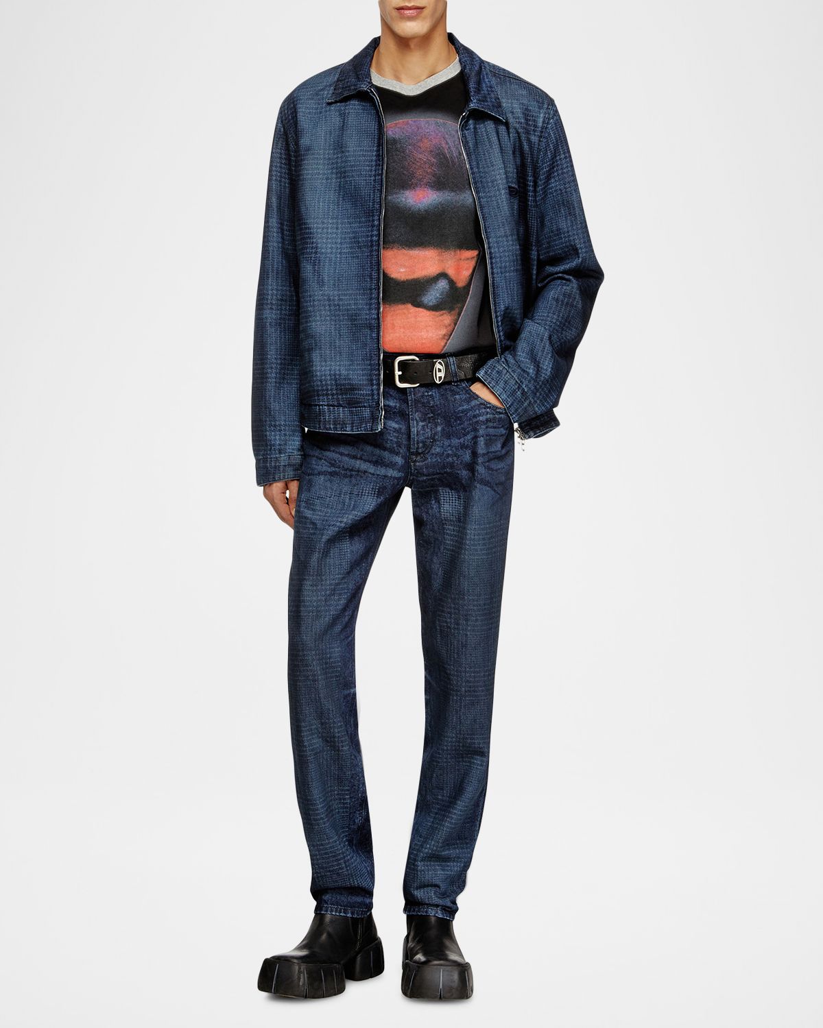 Diesel Men 's D-2023 Stonewashed Check Denim Straight-Leg Jeans